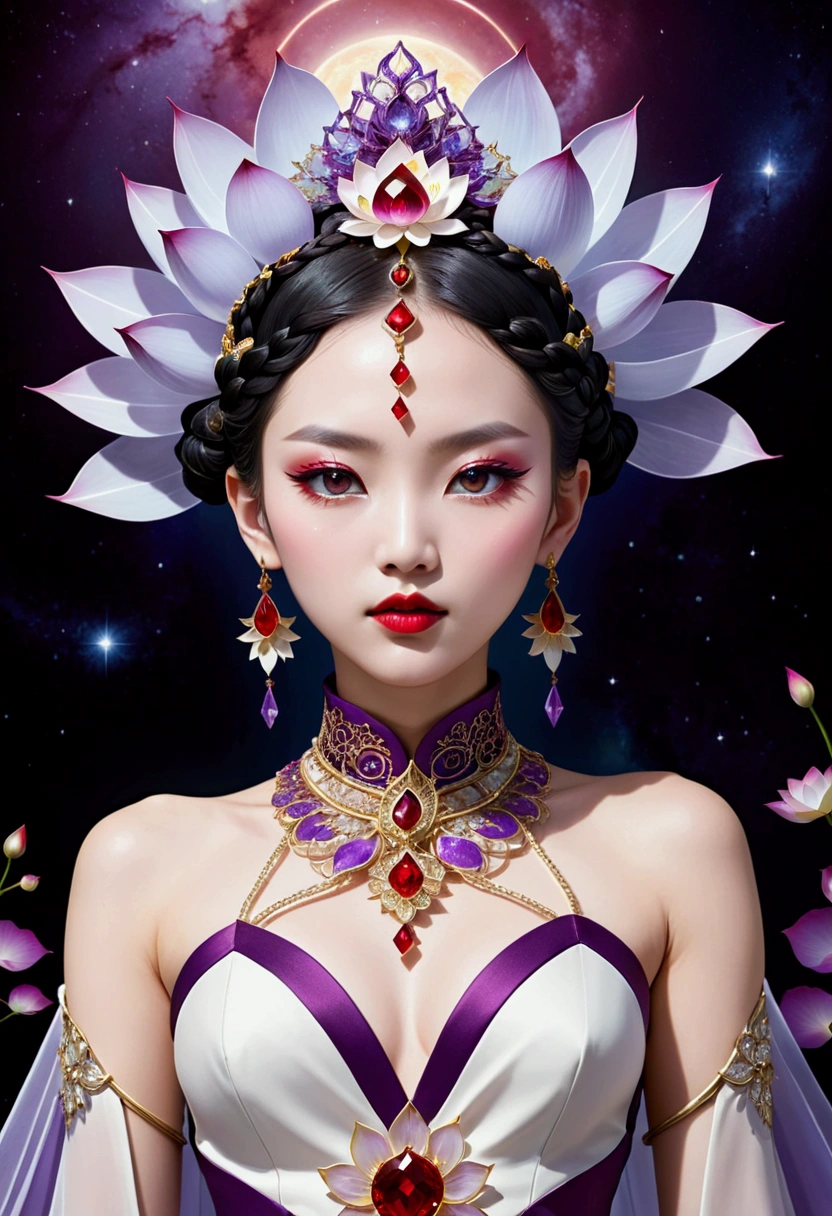 (fashion show:1.3),G Liulian art style, Female model wearing an extraordinary avant-garde dress,Looking at the audience, Perfect eyes, High detail face, Double braid, lotus, Headdress, Violet necklace, Porcelain skin contrasts with deep red lips,Exudes an otherworldly beauty,Surreal contrasts,Layered Outlines,Complex Mode,Depth and size,translucent,Crystal structure,glowing lines,Fluorescence,Glow Example,Tracking Example,Backlight,Light particle blur,fantasy, Night Sky, Star, nebula, White crystal, moonlight, summer, Fractal background