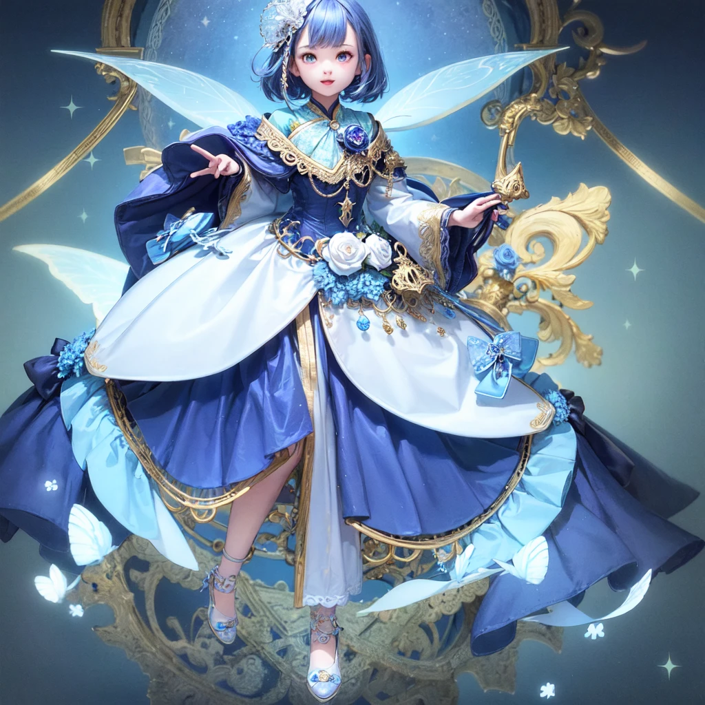 1girl、個性的なOriginal cute hairstyle、Star Fairy、Star incarnation、Character design front view、A picture facing the viewer、(((Super detailed、Highest quality、Masterpiece)))、Original cute hairstyle、Milky white and blue hair color、Simple Green Background、vtuber-fullbody,K,