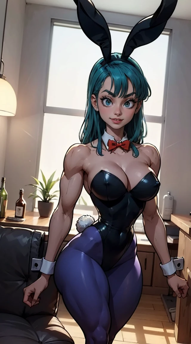 (Muscular:1.8), (thick thighs:1.7),
(bulma, 1girl, solo, blue eyes, blue hair, aqua hair), (long hair), (bangs, straight hair), (big smile:1.4),
hard nipples,
(playboy bunny, black leotard, strapless leotard, cleavage, bare shoulders:1.3), (purple pantyhose:1.5), (red bowtie:1.3), (wrist cuffs, rabbit ears, rabbit tail:1.3),
looking at viewer, (three quarter view:1.5), (upper body view:1.6), (standing up:1.2)
fancy apartment livingroom, rim lighting, two tone lighting, dim lighting, soft lighting, bokeh, detailed skin, detailed eyes