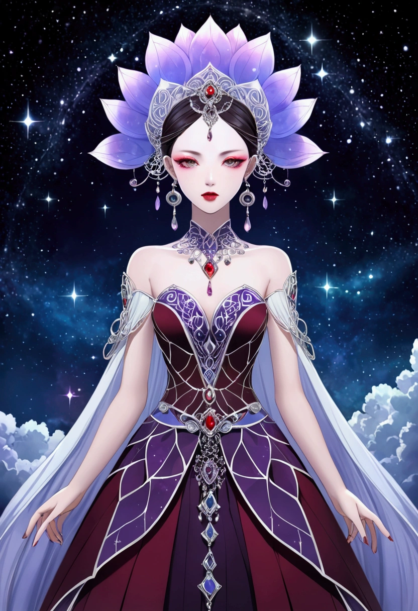 (fashion show:1.3),G Liulian art style, Female model wearing an extraordinary avant-garde dress,Looking at the audience, Perfect eyes, High detail face, Double braid, lotus, Headdress, Violet necklace, Porcelain skin contrasts with deep red lips,Exudes an otherworldly beauty,Surreal contrasts,Layered Outlines,Complex Mode,Depth and size,translucent,Crystal structure,glowing lines,Fluorescence,Glow Example,Tracking Example,Backlight,Light particle blur,fantasy, Night Sky, Star, nebula, White crystal, moonlight, summer, Fractal background