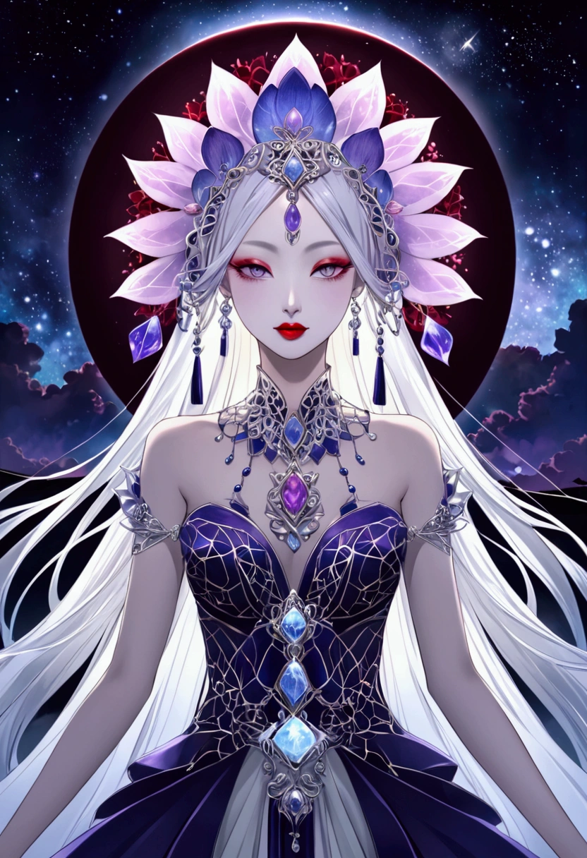 (fashion show:1.3),G Liulian art style, Female model wearing an extraordinary avant-garde dress,Looking at the audience, Perfect eyes, High detail face, Double braid, lotus, Headdress, Violet necklace, Porcelain skin contrasts with deep red lips,Exudes an otherworldly beauty,Surreal contrasts,Layered Outlines,Complex Mode,Depth and size,translucent,Crystal structure,glowing lines,Fluorescence,Glow Example,Tracking Example,Backlight,Light particle blur,fantasy, Night Sky, Star, nebula, White crystal, moonlight, summer, Fractal background