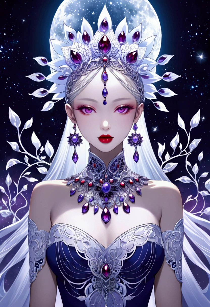 (fashion show:1.3),G Liulian art style, Female model wearing an extraordinary avant-garde dress,Looking at the audience, Perfect eyes, High detail face, Double braid, lotus, Headdress, Violet necklace, Porcelain skin contrasts with deep red lips,Exudes an otherworldly beauty,Surreal contrasts,Layered Outlines,Complex Mode,Depth and size,translucent,Crystal structure,glowing lines,Fluorescence,Glow Example,Tracking Example,Backlight,Light particle blur,fantasy, Night Sky, Star, nebula, White crystal, moonlight, summer, Fractal background