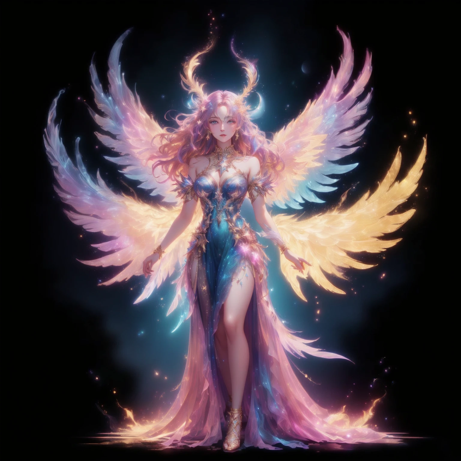 A woman in a golden dress stands in front of a starry sky., celestial goddess, beautiful heavenly mage, gorgeous goddess of leo, Argerm Julie Bell Beeple, goddess of light, moon goddess, as the goddess of the sun, , goddess. Very high detail, goddess of the sun, lunar goddess , Saw the navel. , star background ,  ,  , blue eyes , thighs and stockings , Decorated with exquisite gold-colored thighs , gold anklet , , high definition , high resolution , The set is filled with cosmic energy. , Clear set in the gold network brand , Waist jewelry , black stockings