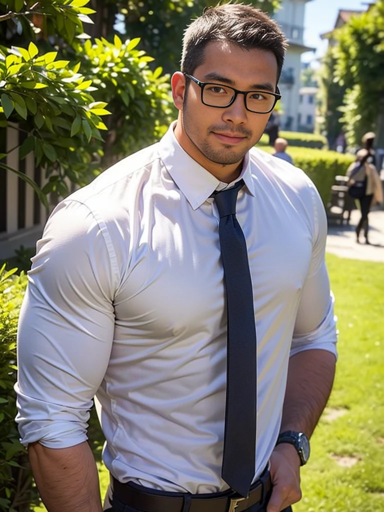 crew cut, (((full body))), (((landscape))), mature man, [slightly fat], asian man, rounded face, brown eyes, ((rounded face)), glasses, balding, 1boy, Solo, (big shoulders), (((stubbles, Short beard))), (masterpiece, top quality, best quality, official art, beautiful and aesthetic:1.2), (1man), extreme detailed,(fractal art:1.3), colorful, highest detailed, there is a man in a white shirt and blue pants, wearing a shirt with a tie, wearing in shirt, wearing white shirt, clothed in white shirt, wearing a white shirt, shot from professional camera, wearing a white button up shirt, handsome man, épaule devant pose, shot on canon eos r 5, shot on canon eos r5
