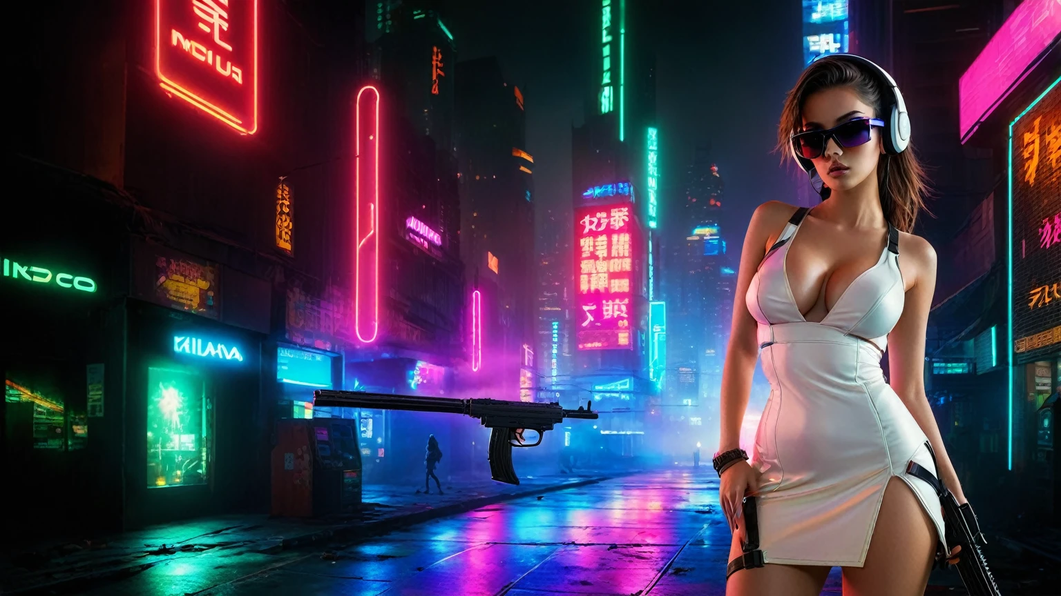 dark futuristic landscape, at night, neon lights, Atmospheric fog, large buildings in the background, futuristic city, streets with open shops, skyscraper (postapocalyptic city:1.3). (((1girl, solo, alone))), large-breast:1.2 slim body, cleavage:1.1, sexy miniskirt, (((headphone, black sunglasses, standing and holding pistol pose))), (((half-body thigh level medium shot))), cinematic lighting, lens flare, ray tracing.