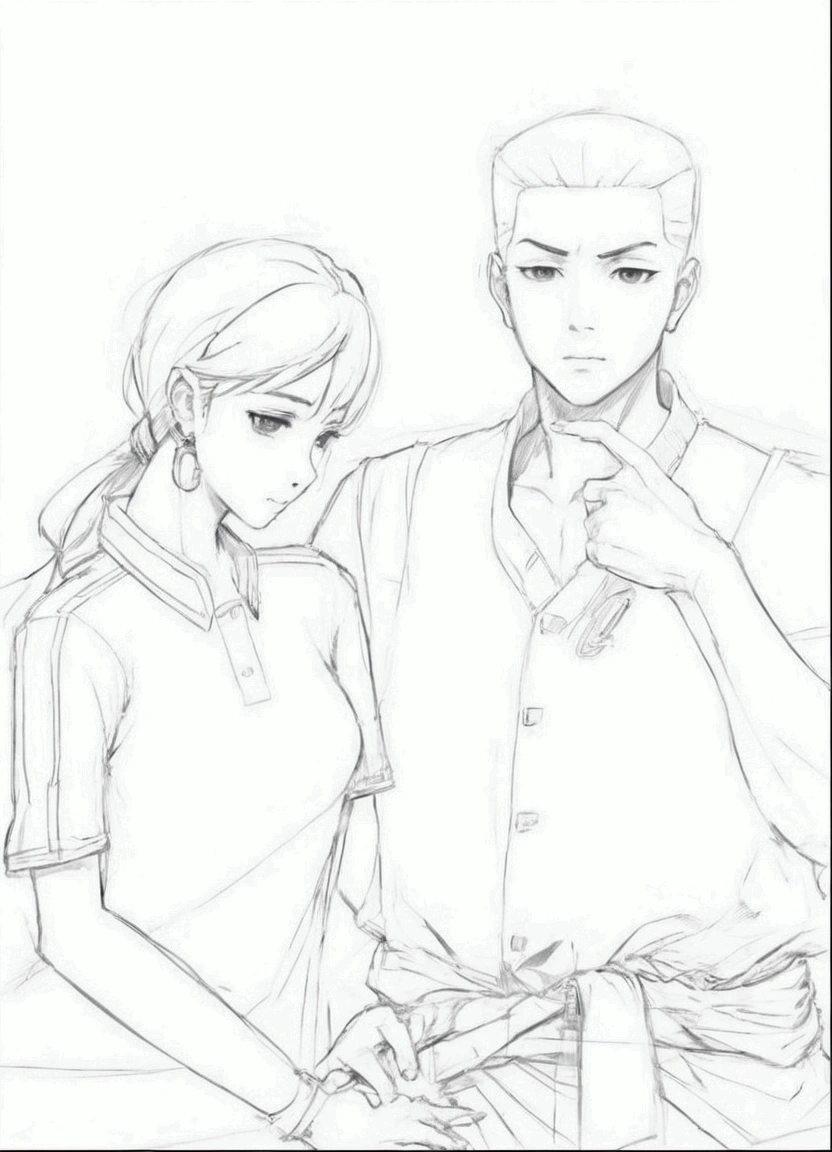 Painting of a man and woman standing side by side, rough draft, outline, outline!!, anime figure, Old draft, Jinshan and Ross Tran, Comfortable pose, art sketch, Ross Tran and Ilya Kuvchinov, Loisch and Ross Tran, Ruean Jia and Chao Ruean, outoutline, kda and that sam, Couple pose