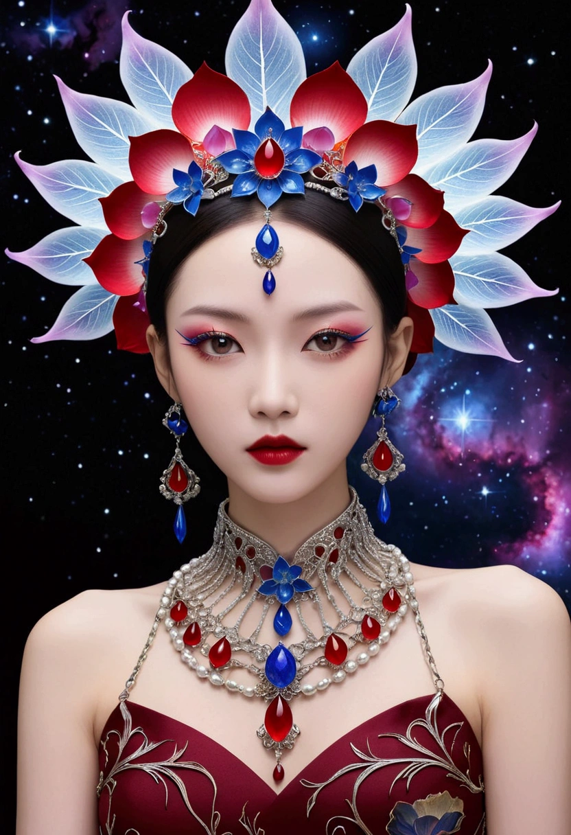 (fashion show:1.3),G Liulian art style, Female model wearing an extraordinary avant-garde dress,Looking at the audience, Perfect eyes, High detail face, Double braid, lotus, Headdress, Violet necklace, Porcelain skin contrasts with deep red lips,Exudes an otherworldly beauty,Surreal contrasts,Layered Outlines,Complex Mode,Depth and size,translucent,Crystal structure,glowing lines,Fluorescence,Glow Example,Tracking Example,Backlight,Light particle blur,fantasy, Night Sky, Star, nebula, White crystal, moonlight, summer, Fractal background