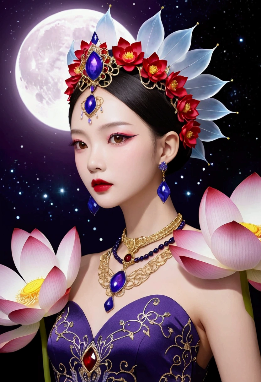 (fashion show:1.3),G Liulian art style, Female model wearing an extraordinary avant-garde dress,Looking at the audience, Perfect eyes, High detail face, Double braid, lotus, Headdress, Violet necklace, Porcelain skin contrasts with deep red lips,Exudes an otherworldly beauty,Surreal contrasts,Layered Outlines,Complex Mode,Depth and size,translucent,Crystal structure,glowing lines,Fluorescence,Glow Example,Tracking Example,Backlight,Light particle blur,fantasy, Night Sky, Star, nebula, White crystal, moonlight, summer, Fractal background
