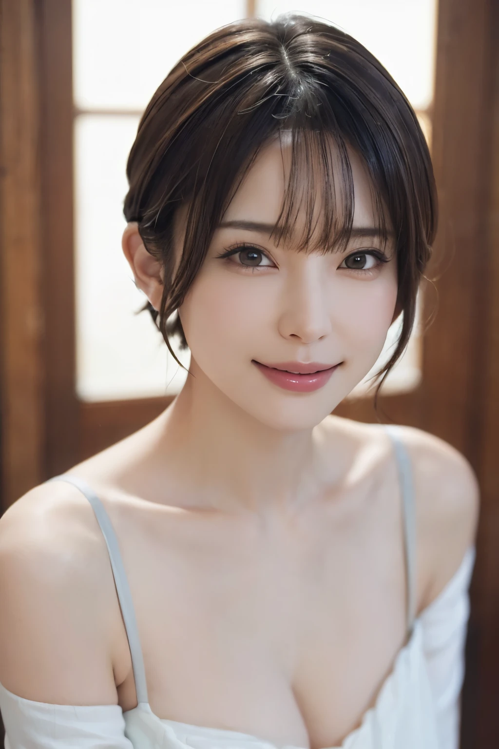 Highest quality, masterpiece, (Realistic: 1.4), One Woman, Golden Ratio, Perfect Face, Beautiful appearance, Pretty face, Face close-up, Short Bob, short hair, smile from Different Angles, smile, Gloss, highlight, Glossy on Skin, Glossy on Skin, Wet Skin, Wet, bangs, Cute smile, bust, Off the shoulder, Refreshing charm, Full of elegance, smile from perfect hand angle, smile, Gloss, highlight, Glossy skin, bangs, bust, big, 暖かいOff the shoulder, Refreshing charm, Ear clearing, Looking into the camera, Pose from different angles, {gigantic|big|huge|mega} breasts, cleavage