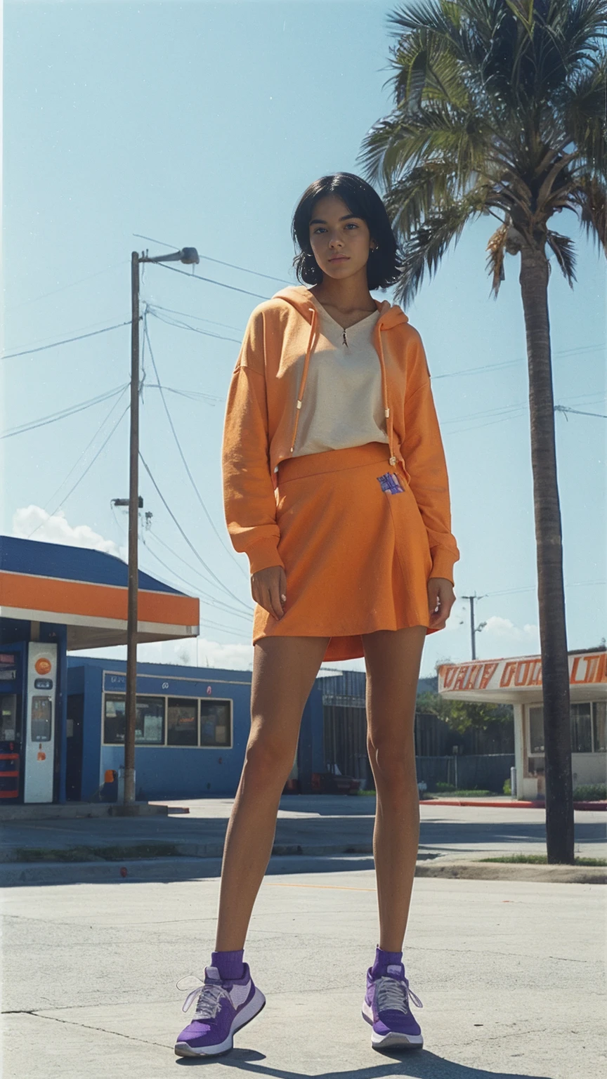 ((medium shot cimematic portrait)) one of cute 23 yo girl, natural medium breast,wear ((orange oversized_hoodie)), wear ((purple tennis skirt)),looking front,Best Quality,Masterpiece,Ultra High Resolution,(Realisticity:1.4),Original Photo, 1Girl, light leak,ultra high resolution,UHD,beautiful, (black straight hair), almond eye, no makeup, in front of ((80's colorful gas station)), (realistic:1.2), (very detailed:1.1), ((masterpiece)),summer, blue sky, palm trees,sunny, los angles vibes,film camera, 800mm lens,style of Philip Lorca diCorcia