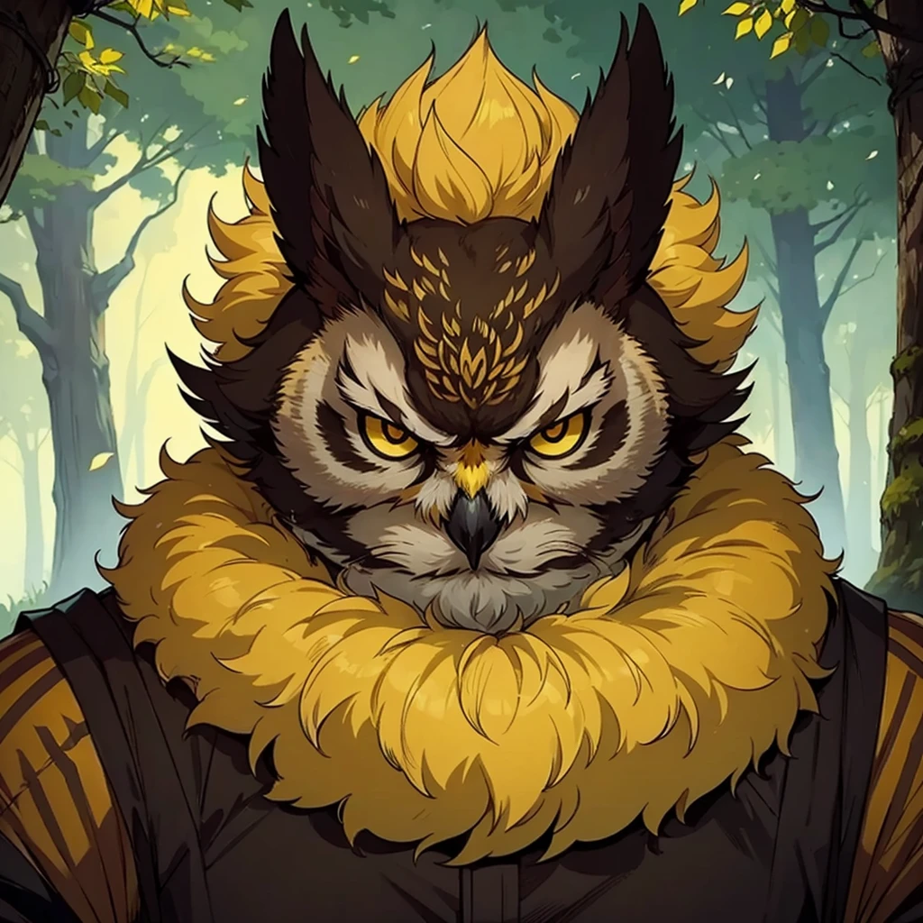 a highly detailed owl in a forest, emphasis on his face, supersaiyajin, angry, very long yellow fur