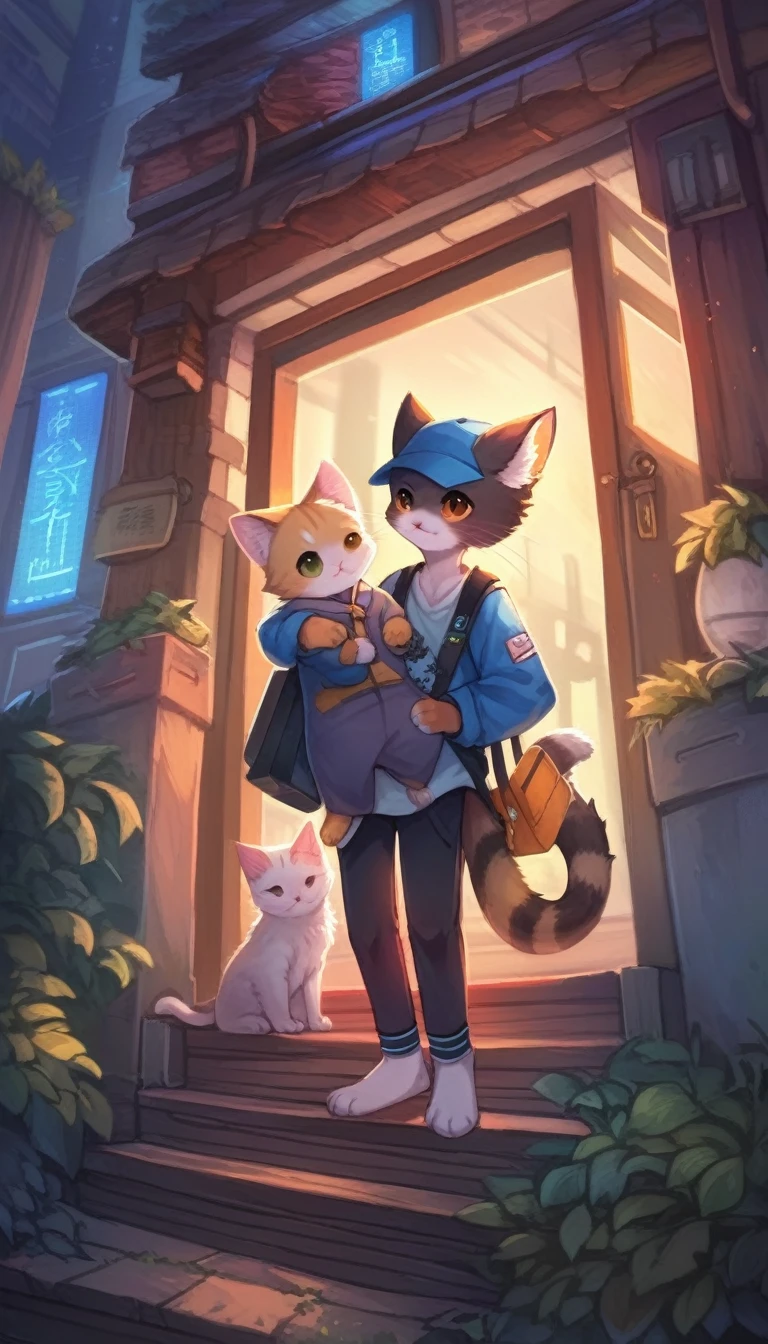 ((masterpiece)), ((best quality)), (Very detailed), ((Very detailed)), 4K, (8K), very aesthetic, Absurd high resolution, A cartoon style painting,The picture shows a kitten wearing a hat and carrying a school bag,Stand on the doorstep,His cat dad and mom greeted him with open arms,Wearing stylish fursona, Cat boy, Cute cat, Anthropomorphic cats, Hot topics on artstation pixiv, Full body high-grade white, High-quality anime art style, High resolution cargo, Anthropomorphic cats, High Quality Fan Art, Anthropomorphic cyberpunk kitten:tall and big,