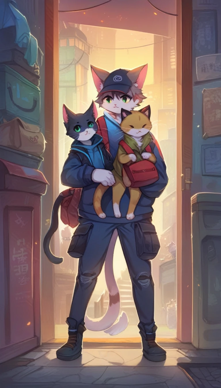 ((masterpiece)), ((best quality)), (Very detailed), ((Very detailed)), 4K, (8K), very aesthetic, Absurd high resolution, A cartoon style painting,The picture shows a kitten wearing a hat and carrying a school bag,Stand on the doorstep,His cat dad and mom greeted him with open arms,Wearing stylish fursona, Cat boy, Cute cat, Anthropomorphic cats, Hot topics on artstation pixiv, Full body high-grade white, High-quality anime art style, High resolution cargo, Anthropomorphic cats, High Quality Fan Art, Anthropomorphic cyberpunk kitten:tall and big,