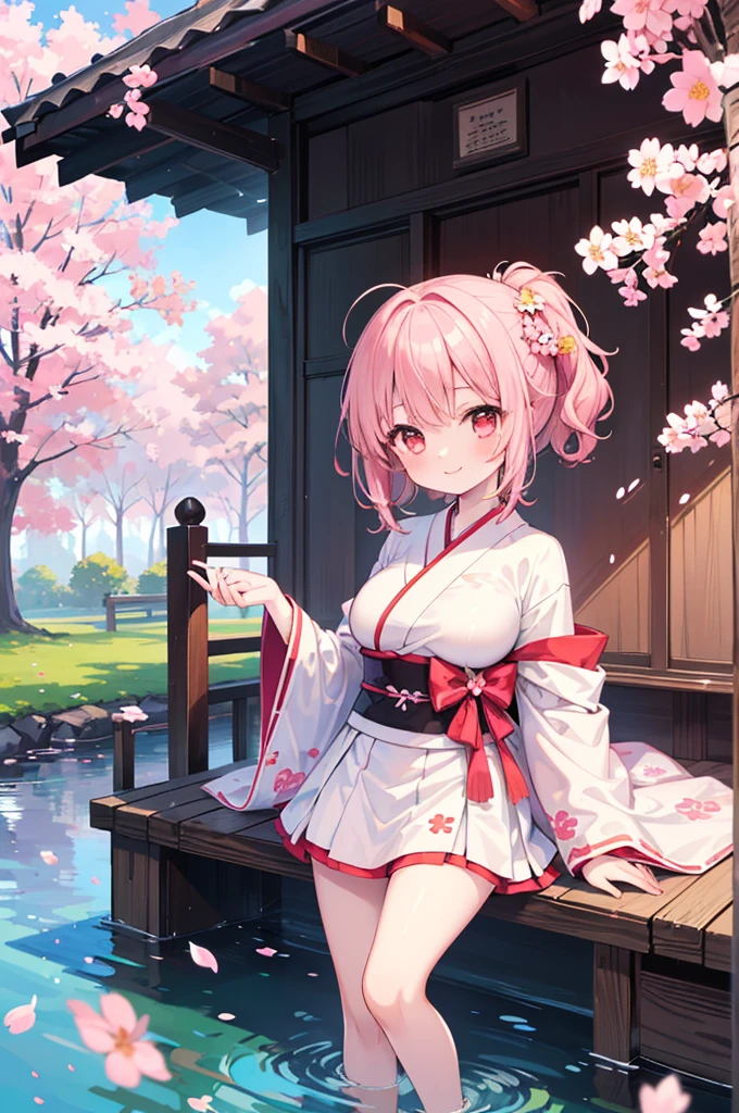 ((Masterpiece)),((high resolution)),((Best Quality)),Anime illustration,(((1girl))),,(wavy hair),(short hair),(pale pink hair color),small ponytail,Red eyes,(Big round eyes),((tareme)),15 years old,((loli face)),((very big breasts)),Short stature,,kimono,mini skirt,smile,Ladylike,cherry blossoms,
