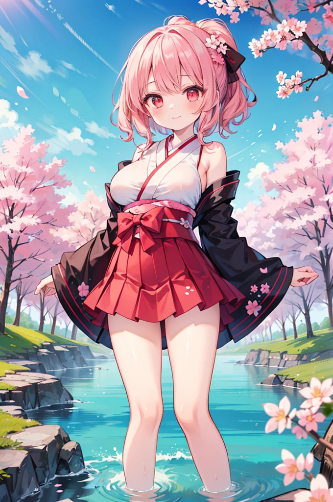 ((Masterpiece)),((high resolution)),((Best Quality)),Anime illustration,(((1girl))),,(wavy hair),(short hair),(pale pink hair color),small ponytail,Red eyes,(Big round eyes),((tareme)),15 years old,((loli face)),((very big breasts)),Short stature,,kimono,mini skirt,smile,Ladylike,cherry blossoms,