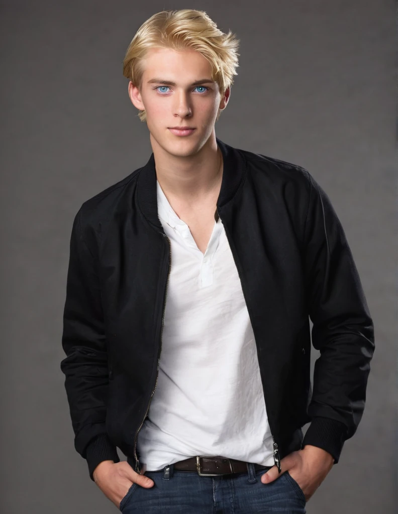Full body image of a college going boy. He is tall, extremely handsome with cuteness. His blond hair fell on his forhead. He has deep blue eyes. He is wearing a white shirt with unbuttoned black jacket