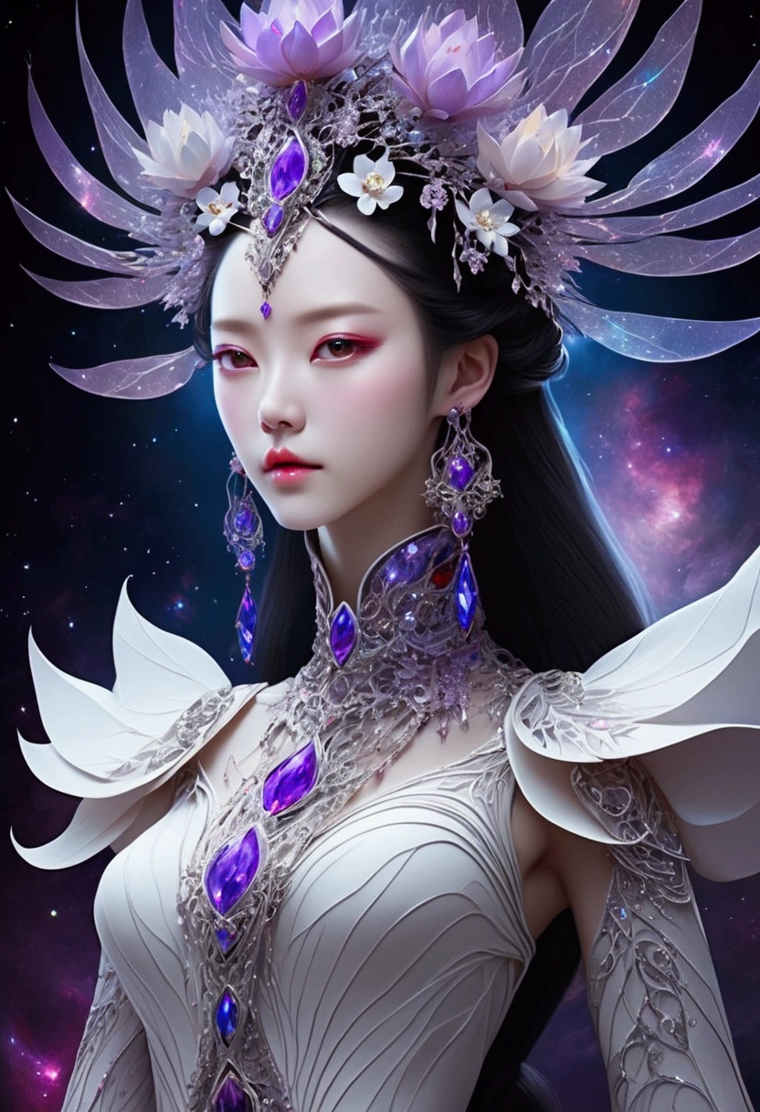 (fashion show:1.3),G Liulian art style, Female model wearing an extraordinary avant-garde dress,Looking at the audience, Perfect eyes, High detail face, Double braid, lotus, Headdress, Violet necklace, Porcelain skin contrasts with deep red lips,Exudes an otherworldly beauty,Surreal contrasts,Layered Outlines,Complex Mode,Depth and size,translucent,Crystal structure,glowing lines,Fluorescence,Glow Example,Tracking Example,Backlight,Light particle blur,fantasy, Night Sky, Star, nebula, White crystal, moonlight, summer, Fractal background