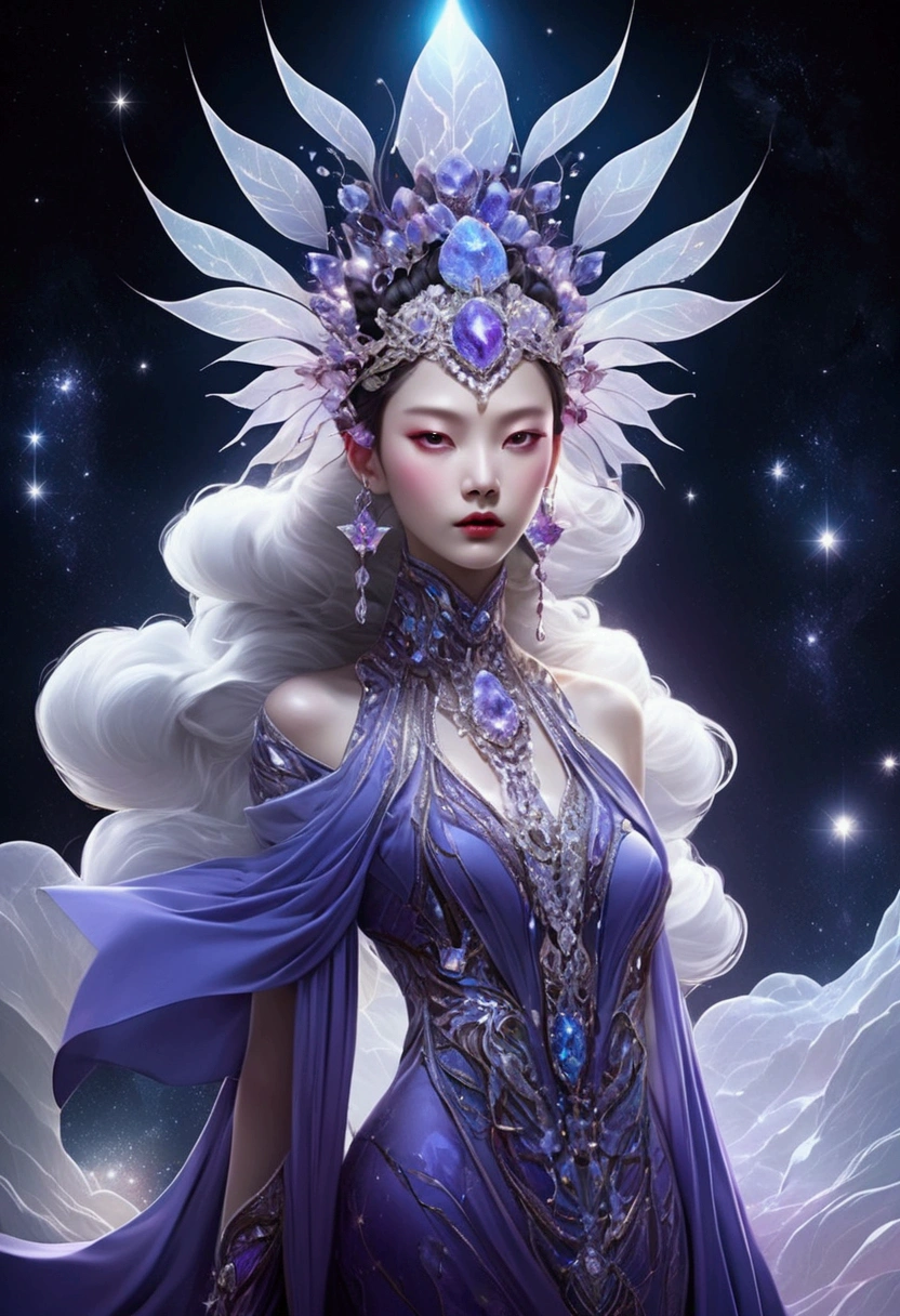 (fashion show:1.3),G Liulian art style, Female model wearing an extraordinary avant-garde dress,Looking at the audience, Perfect eyes, High detail face, Double braid, lotus, Headdress, Violet necklace, Porcelain skin contrasts with deep red lips,Exudes an otherworldly beauty,Surreal contrasts,Layered Outlines,Complex Mode,Depth and size,translucent,Crystal structure,glowing lines,Fluorescence,Glow Example,Tracking Example,Backlight,Light particle blur,fantasy, Night Sky, Star, nebula, White crystal, moonlight, summer, Fractal background