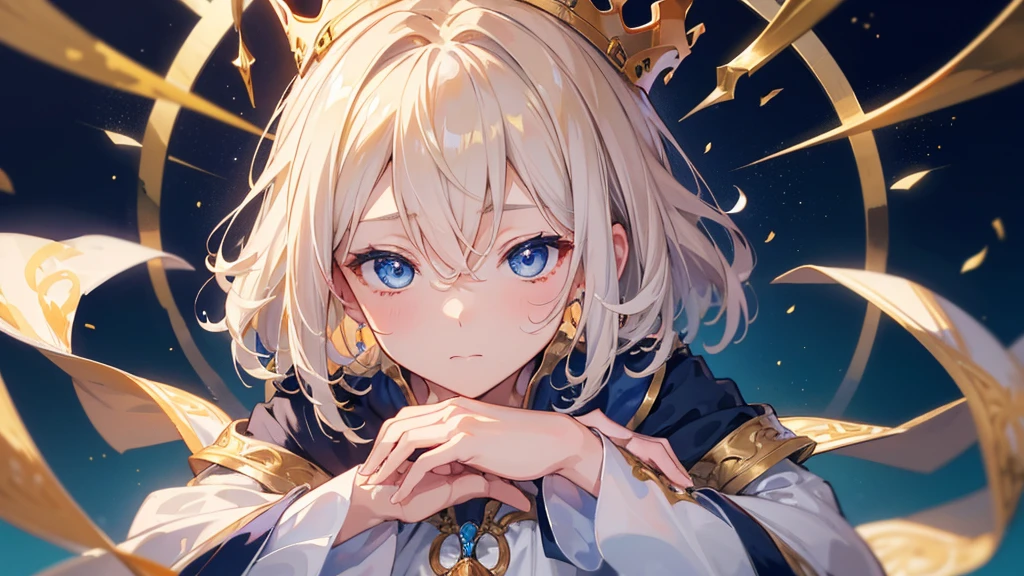 (Highest quality)　(4K)　(8k)　(High resolution)　(masterpiece:1.2)　(Super detailed)　One boy　short hair　Wizard　Blue Eyes　Long sleeve　Golden decoration　Hair between the eyes　Closed Mouth　White Dress　Wavy golden hair　Upper Body　large crown　(White Background)　Embarrassed　Being spoiled　(Looking up)　(Cast a spell)　front　Face close-up