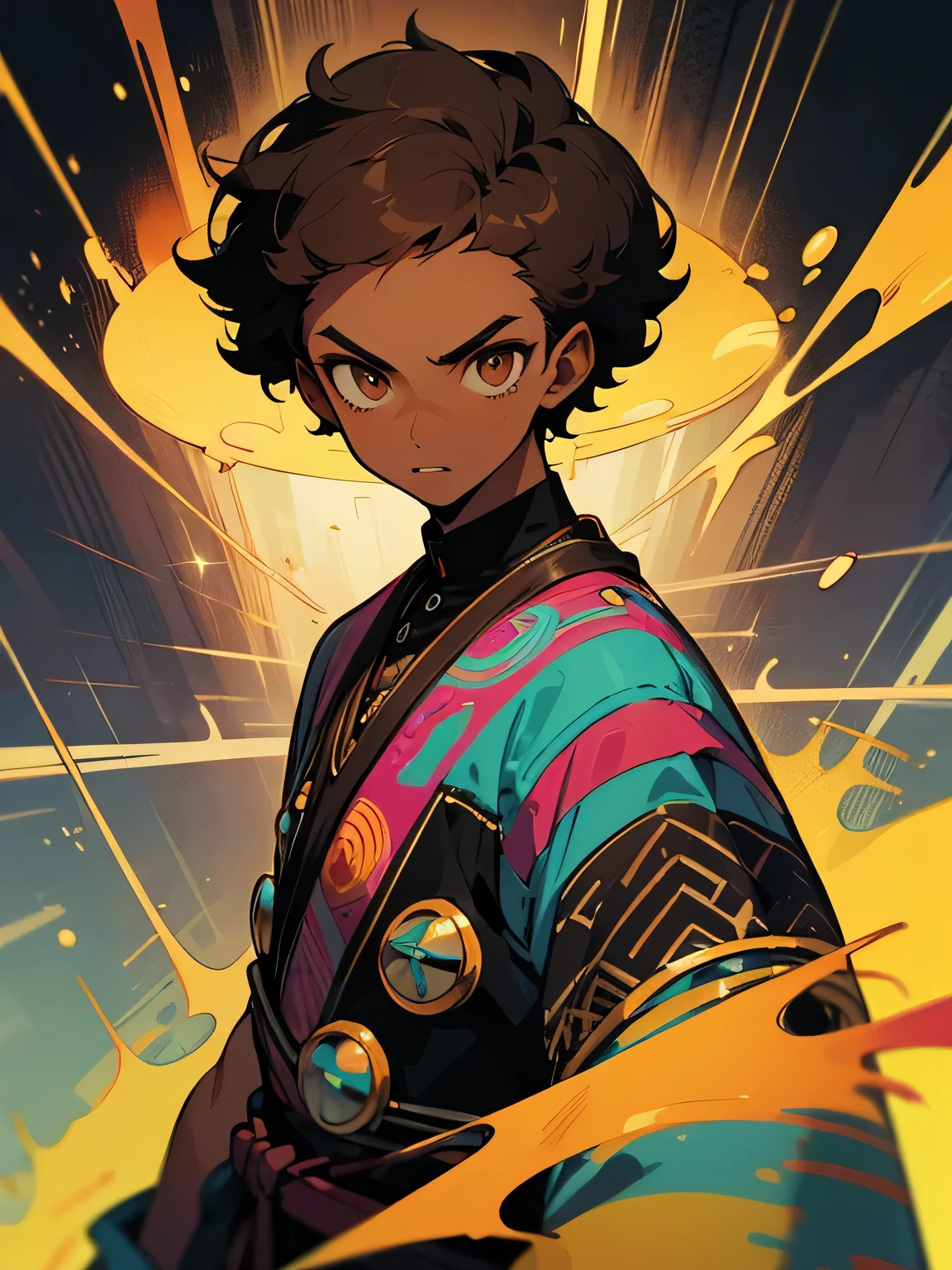 solo, dutch angle, (darkskin)+,boyish, big forehead, men's short cut,brown afro hair, male eyes, male nose, male mouth, handsome features, psychedelic punk clothes, in a snobbish way pose, 