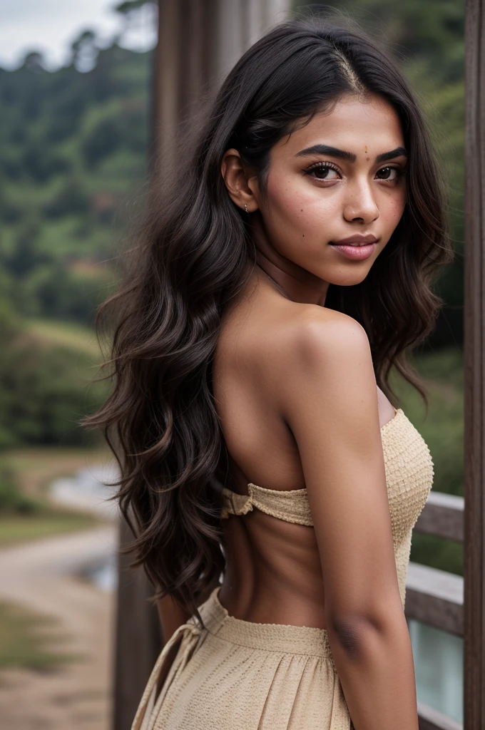 1girl in, age19, Solo, Aesthetic artwork, a beautiful Sri Lankan model, wavy dark brown hair, shoulder length hair, sri lankan hairstyle, light brown eyes, light tan skin, thin face, runners body, (textured skin, skin pores:1.1), goosebumps, wearing a light sri lankan traditional dress, seductive pose, beautiful Nuwara Eliya landscape as the background, sunny, natural light, Nikon Z8 + NIKKOR Z 24-120 mm f/4 S, big ass