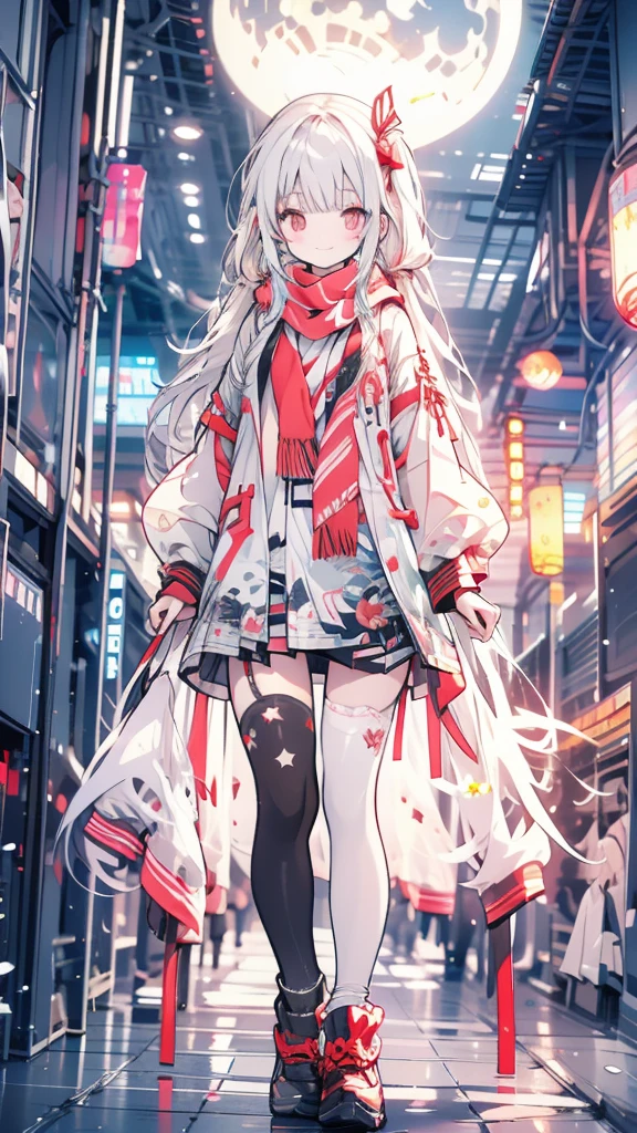 White hair, girl, twintails, red ribbon, night, uniform, scarf, red eyes, cute, big smile, moon