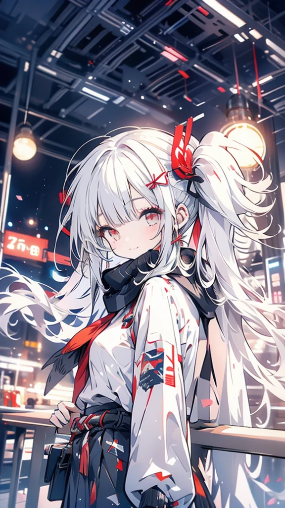 White hair, girl, twintails, red ribbon, night, uniform, scarf, red eyes, cute, big smile, moon