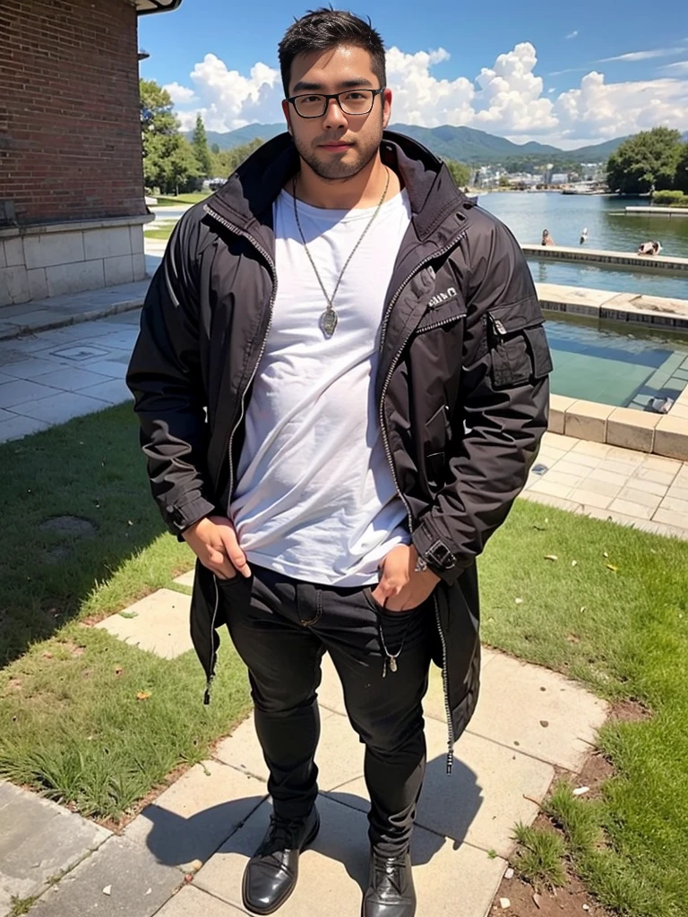 crew cut, (((full body))), (((landscape))), mature man, [slightly fat], asian man, rounded face, brown eyes, ((rounded face)), glasses, balding, 1boy, Solo, (big shoulders), (((stubbles, Short beard))), masterpiece, best quality
illustration, 1boy, weapon, sword, male focus, pants, black pants, shirt, short hair, standing, animal, long sleeves, closed mouth, jewelry, jacket, cowboy shot, earrings, bangs, solo, black jacket