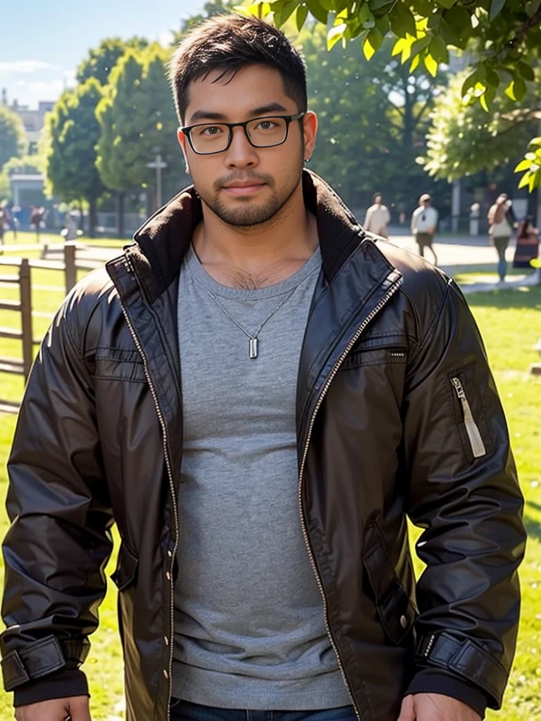 crew cut, (((full body))), (((landscape))), mature man, [slightly fat], asian man, rounded face, brown eyes, ((rounded face)), glasses, balding, 1boy, Solo, (big shoulders), (((stubbles, Short beard))), masterpiece, best quality
illustration, 1boy, weapon, sword, male focus, pants, black pants, shirt, short hair, standing, animal, long sleeves, closed mouth, jewelry, jacket, cowboy shot, earrings, bangs, solo, black jacket