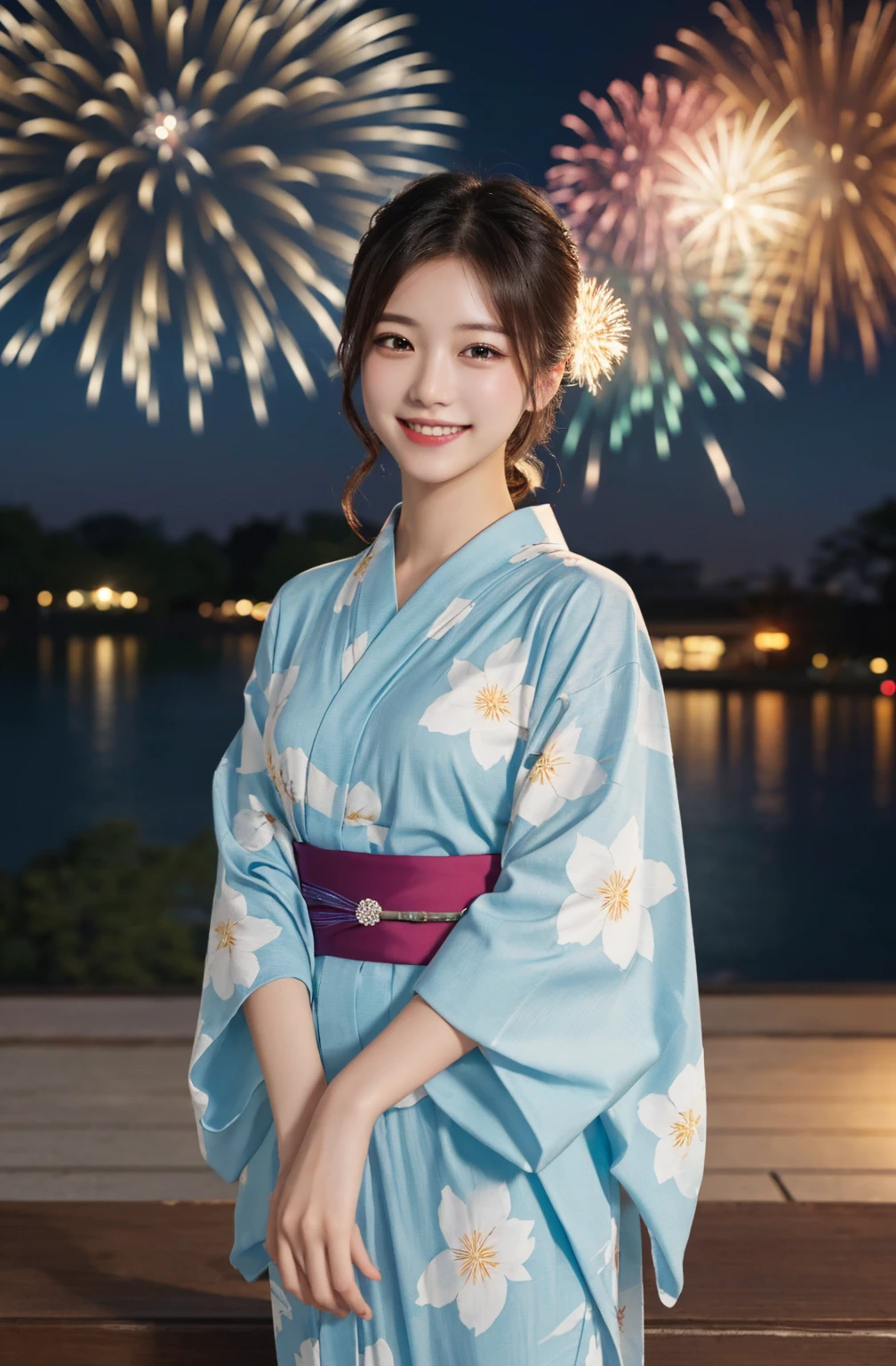 masterpiece, Highest quality, figure, Very detailed, In detail, High resolution, 8k wallpaper, Perfect dynamic composition, Beautiful attention to detail, yukata, Fireworks display, Smile