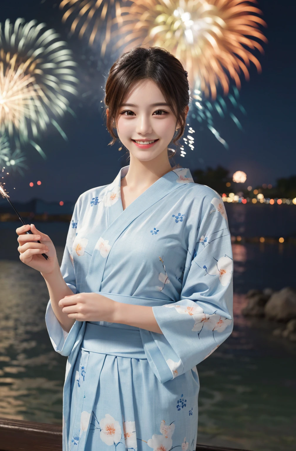 masterpiece, Highest quality, figure, Very detailed, In detail, High resolution, 8k wallpaper, Perfect dynamic composition, Beautiful attention to detail, yukata, Fireworks display, Smile