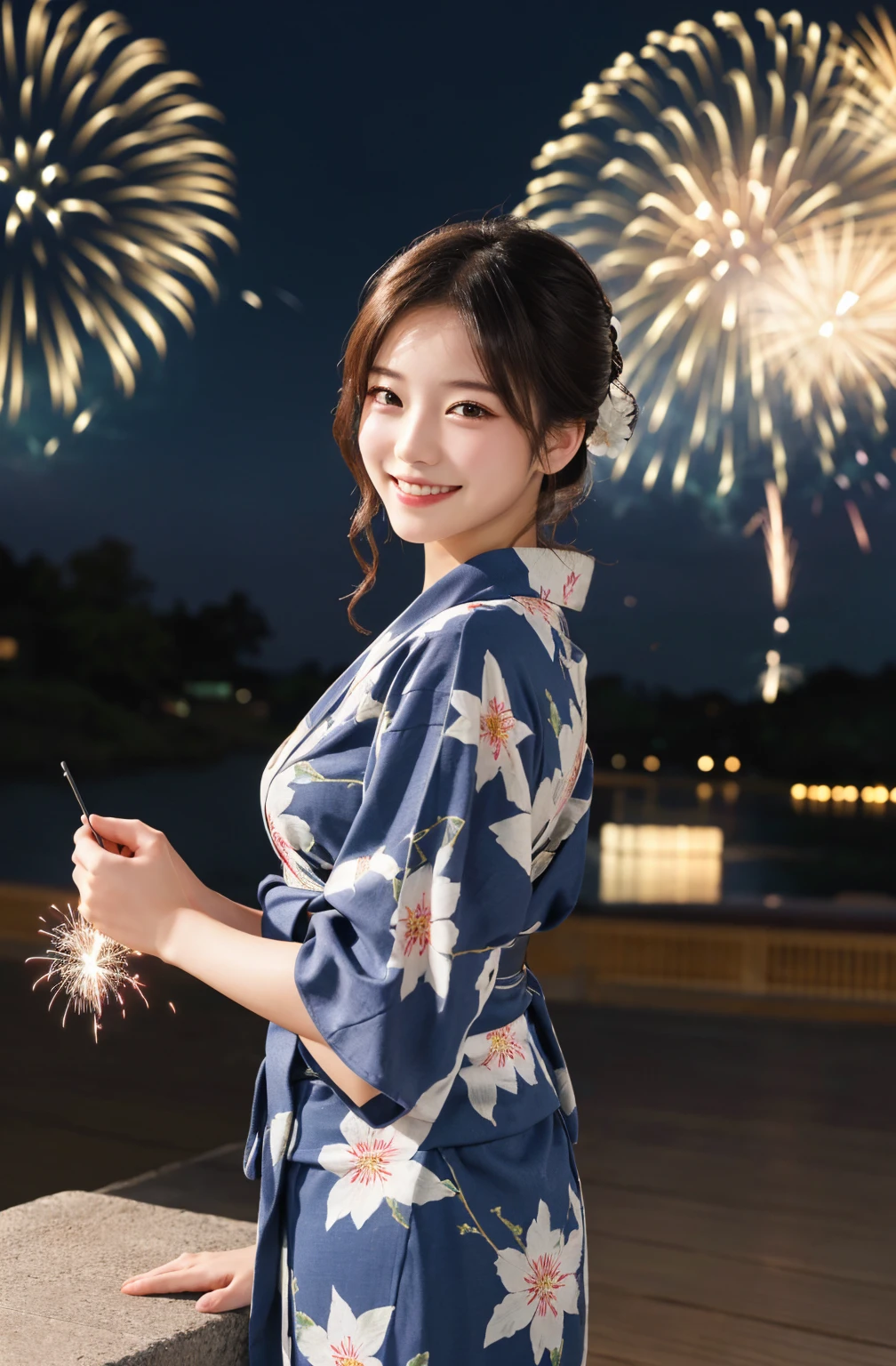 masterpiece, Highest quality, figure, Very detailed, In detail, High resolution, 8k wallpaper, Perfect dynamic composition, Beautiful attention to detail, yukata, Fireworks display, Smile