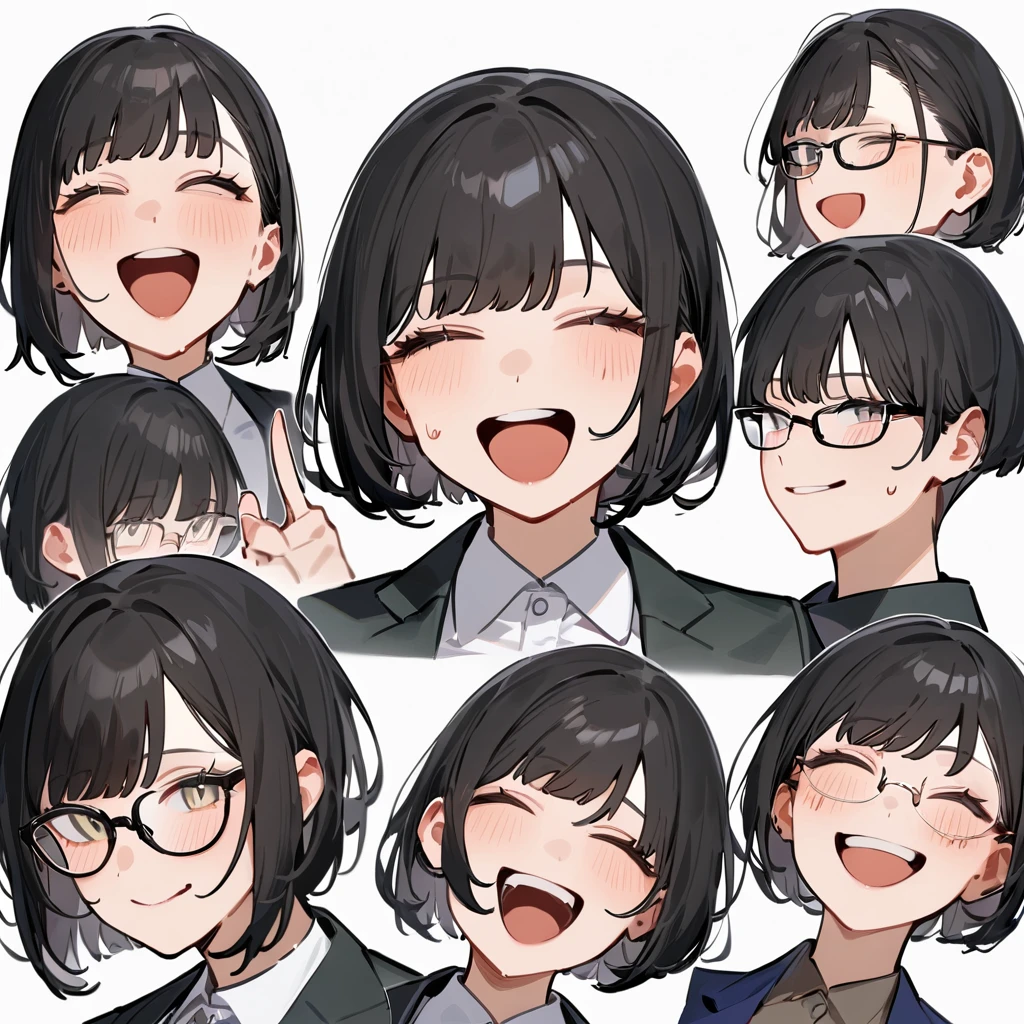 masterpiece, Highest quality, so beautiful, Absurd,
One girl, alone, Black Hair, Bobcut,
Thermont 16A, Glasses,
Collared shirt, Happy, smile, Sticking out tongue、Ecstatic expression、View your viewers, Glassesの調整, White Background, Simple Background,
