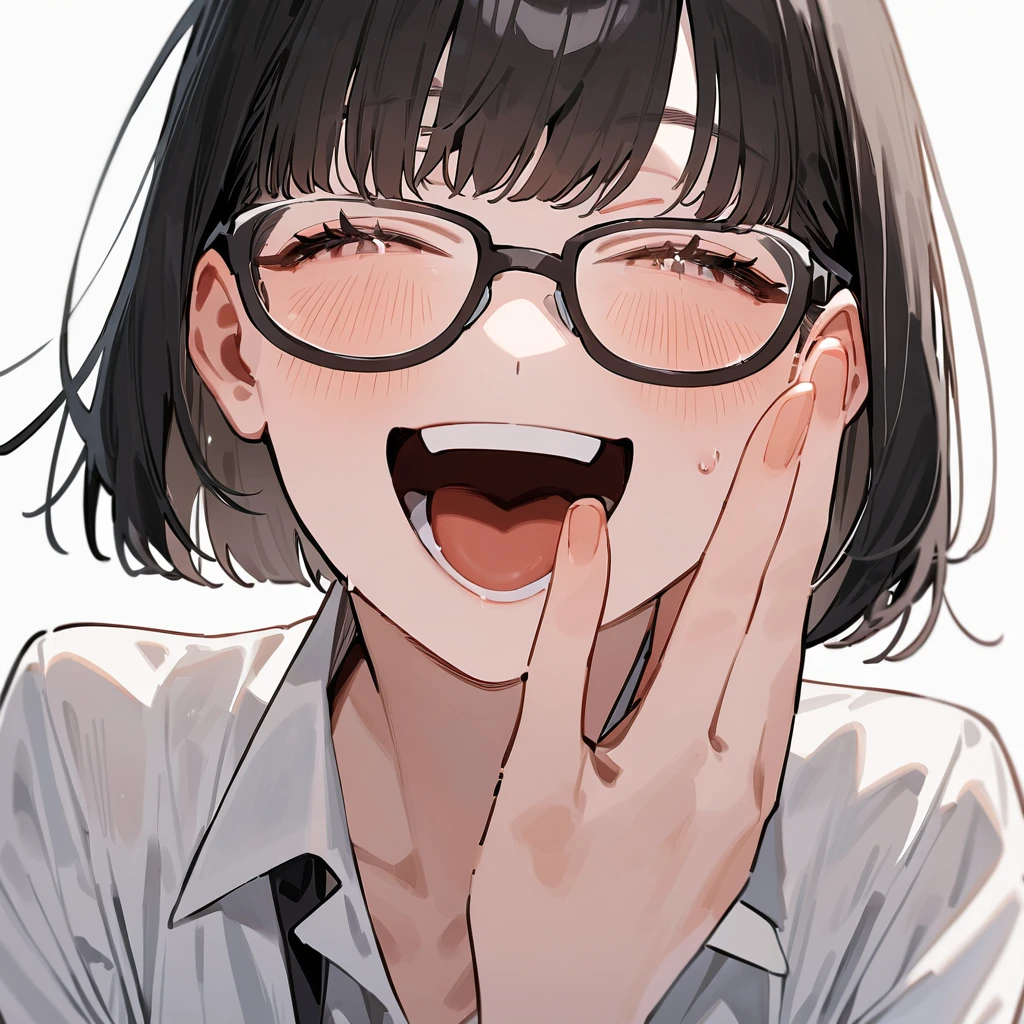 masterpiece, Highest quality, so beautiful, Absurd,
One girl, alone, Black Hair, Bobcut,
Thermont 16A, Glasses,
Collared shirt, Happy, smile, Sticking out tongue、Ecstatic expression、View your viewers, Glassesの調整, White Background, Simple Background,
