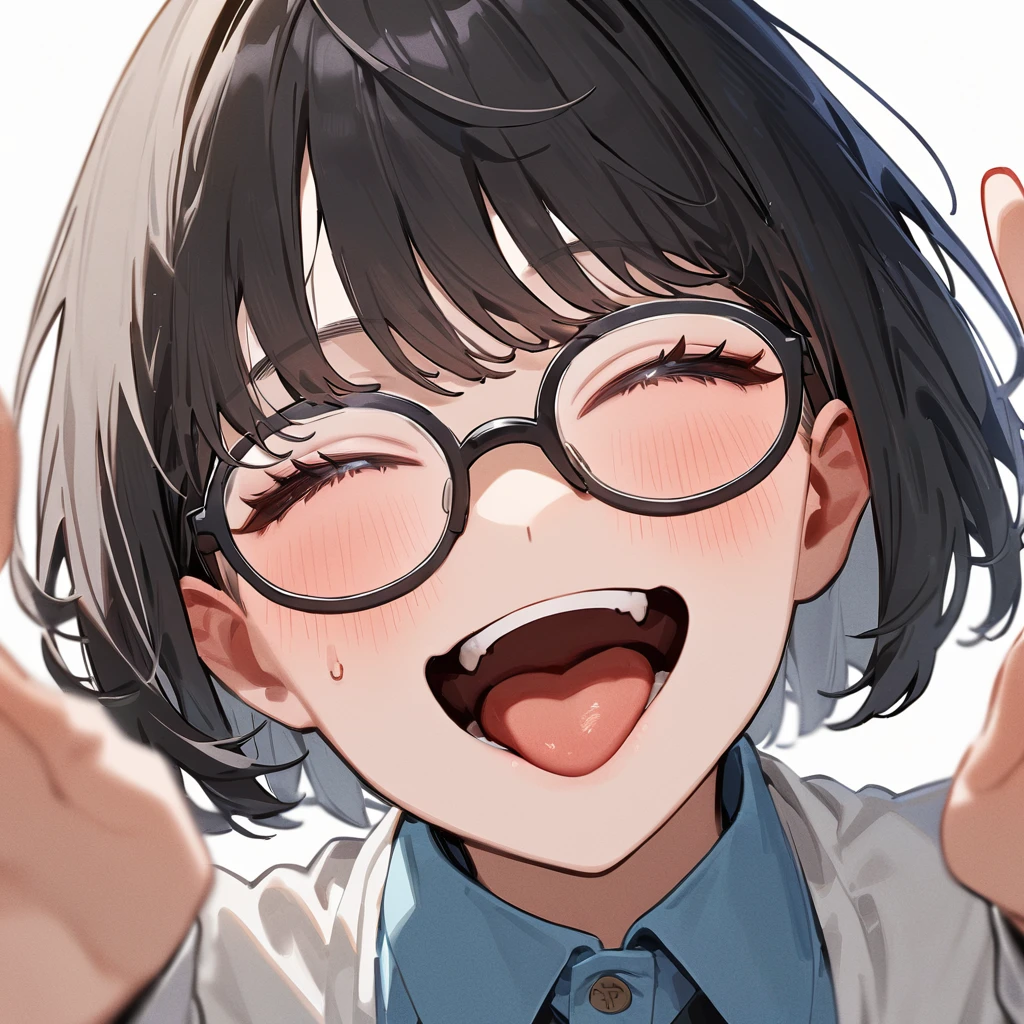 masterpiece, Highest quality, so beautiful, Absurd,
One girl, alone, Black Hair, Bobcut,
Thermont 16A, Glasses,
Collared shirt, Happy, smile, Sticking out tongue、Ecstatic expression、View your viewers, Glassesの調整, White Background, Simple Background,