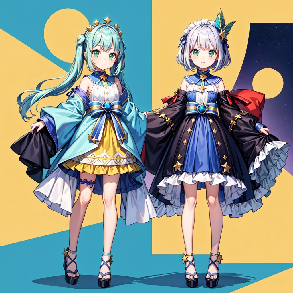 1girl、個性的なOriginal cute hairstyle、Star Fairy、Star incarnation、Character design front view、A picture facing the viewer、(((Super detailed、Highest quality、Masterpiece)))、Original cute hairstyle、Milky white and blue hair color、Simple Green Background、vtuber-fullbody,K,