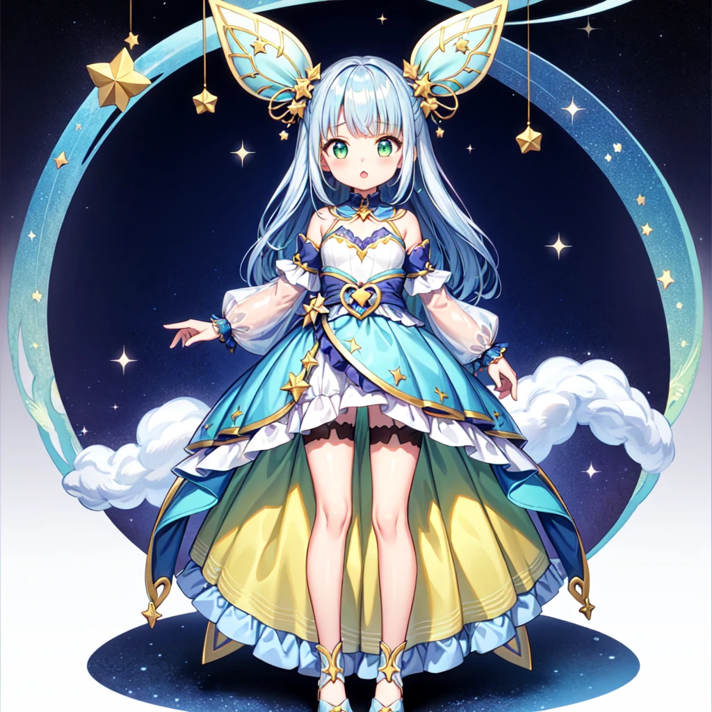 1girl、個性的なOriginal cute hairstyle、Star Fairy、Star incarnation、Character design front view、A picture facing the viewer、(((Super detailed、Highest quality、Masterpiece)))、Original cute hairstyle、Milky white and blue hair color、Simple Green Background、vtuber-fullbody,K, 