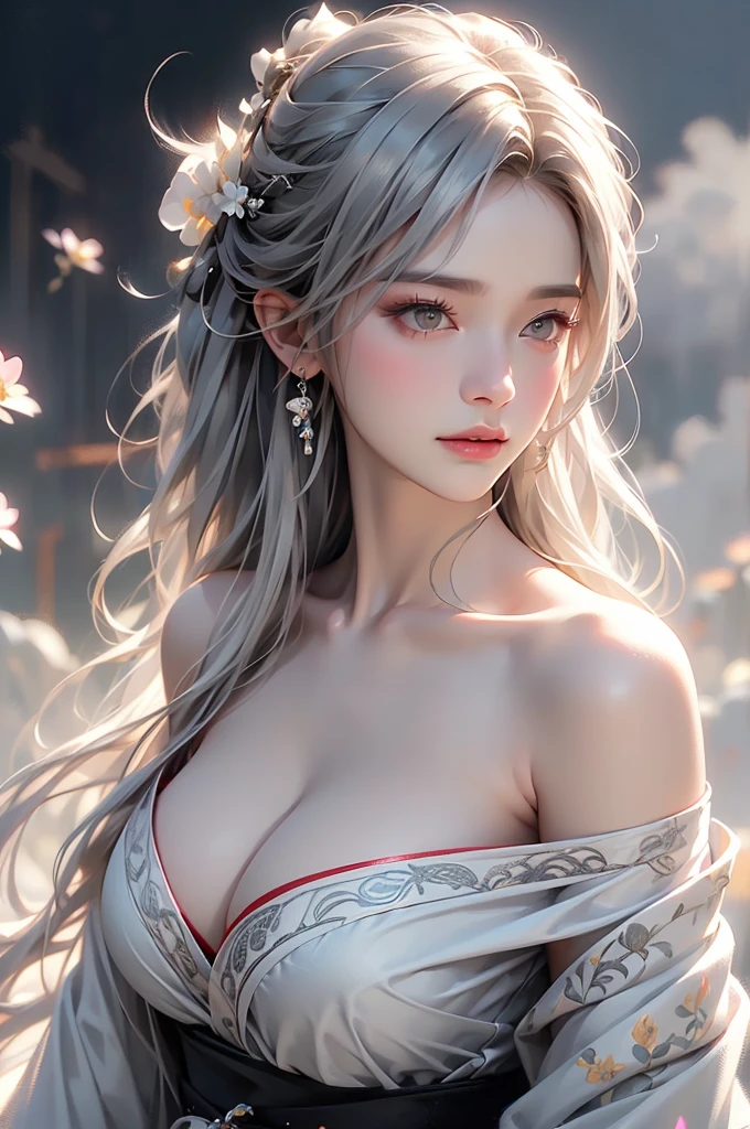 super high quality, masterpiece, Perfect illustration, Very detailed (Exquisite light and shadow, Very dramatic photo,Backlight) , ((Gray Hair:1.5))1 Girl, alone, (Wearing Han clothes, Royalty、Black and white Hanfu,Monotony,Long sleeve) Flower Field, Flowers, (White smoke:1.3) (Realistic:1.4), Zen Intertwining, Tangled, Official Art, unity 8k wallpaper, Very detailed, Beautiful and beautiful, masterpiece, Highest quality, (Dynamic Angle: 1.4), Glowing Skin, (Floating colorful flashes: 1) The most beautiful chaotic shapes, elegant, Brutalist Design, Bright colors, Romantic Depth of Field Exotic_dance, half_naked、((Off the shoulder、Expose your shoulders、Ample breasts、Great cleavage))