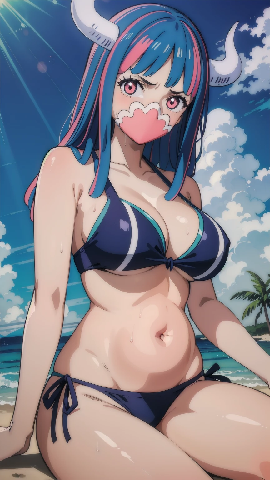 (masterpiece, best quality:1.4), cinematic light, colorful, high contrast, (1girl), UltiOP, onepieceanime, large breasts, multicolored hair, long hair, blue hair, pink hair, bangs, horns,looking at the viewer, Bikini,blue theme, blue background, cloudy sky, sunlight, sweat, orgasmic, bikini swimsuit, large breasts, cleavage, belly button exposed, collarbone, thighs, sea and beach,