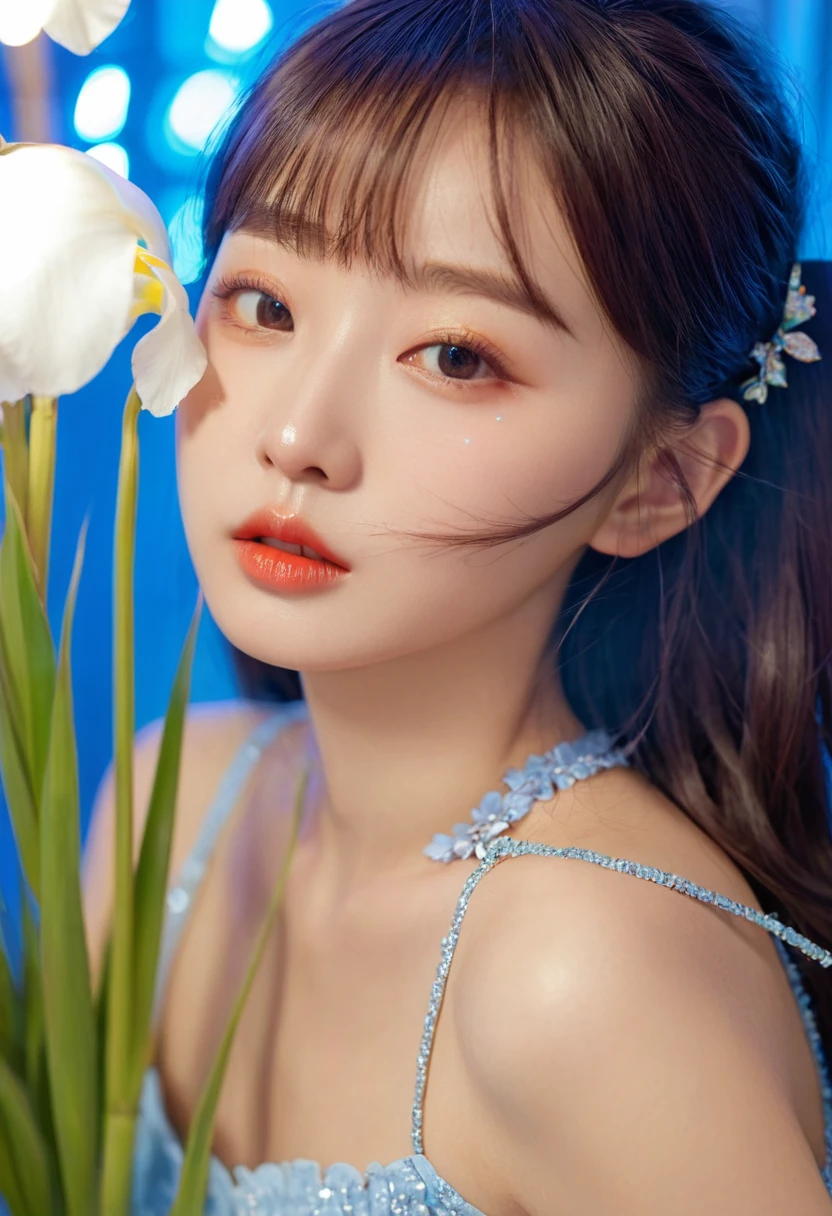 8k, Highest quality, 女の子1people, (Skin dents), Flower background, (people々), Raked bangs, nice,,,Gorgeous lighting, Charm,Room, Beautiful Eyes,Detailed Iris, Beautiful Lips, Beautiful Nose, Pretty face),(primary color:1.5)，(Zhou Haoguang:1.3)，(Neon Light),韓国people、Sparkling(shine)、