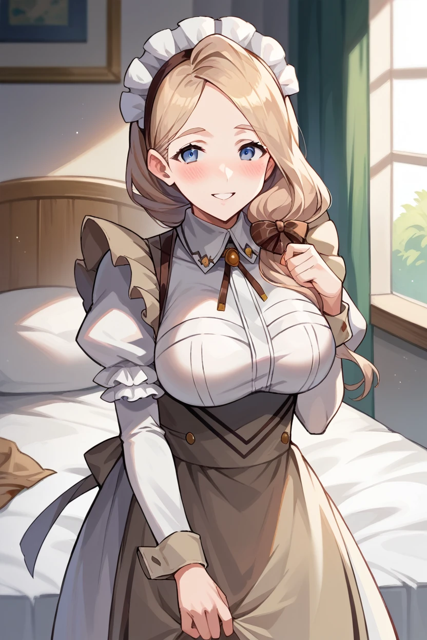 score_9, score_8_up, score_7_up, score_6_up, source_anime, 1girl, BREAK maidMercie, blue eyes, low-tied long hair, hair over shoulder, maid headdress, maid dress, apron, puffy sleeves, large breasts, bedroom, bed, nightstand, looking at viewer, smile, blush