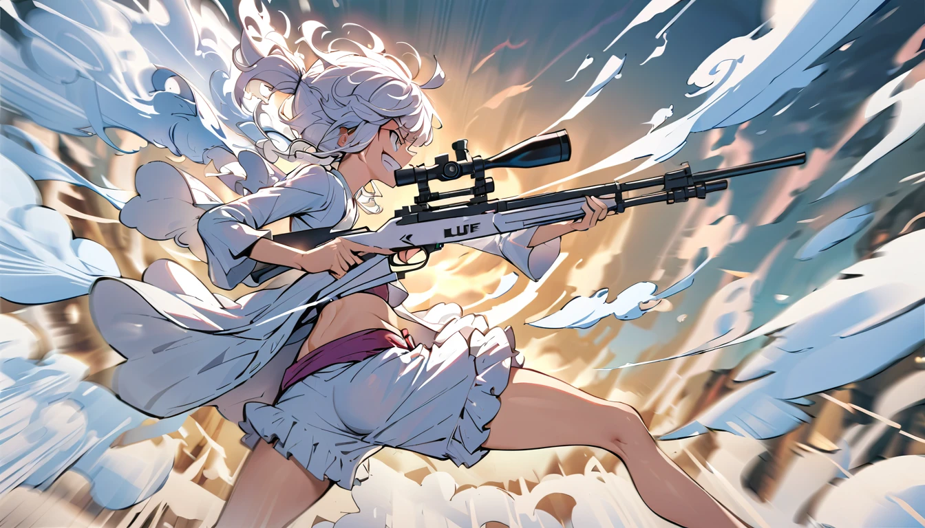 an expressive photo depicting (\lu fei wu dang\), Holding a sniper rifle made of clouds, making an aiming motion, looking at the sight, side view, grinning, motion blur，anatomical correct,xianxia