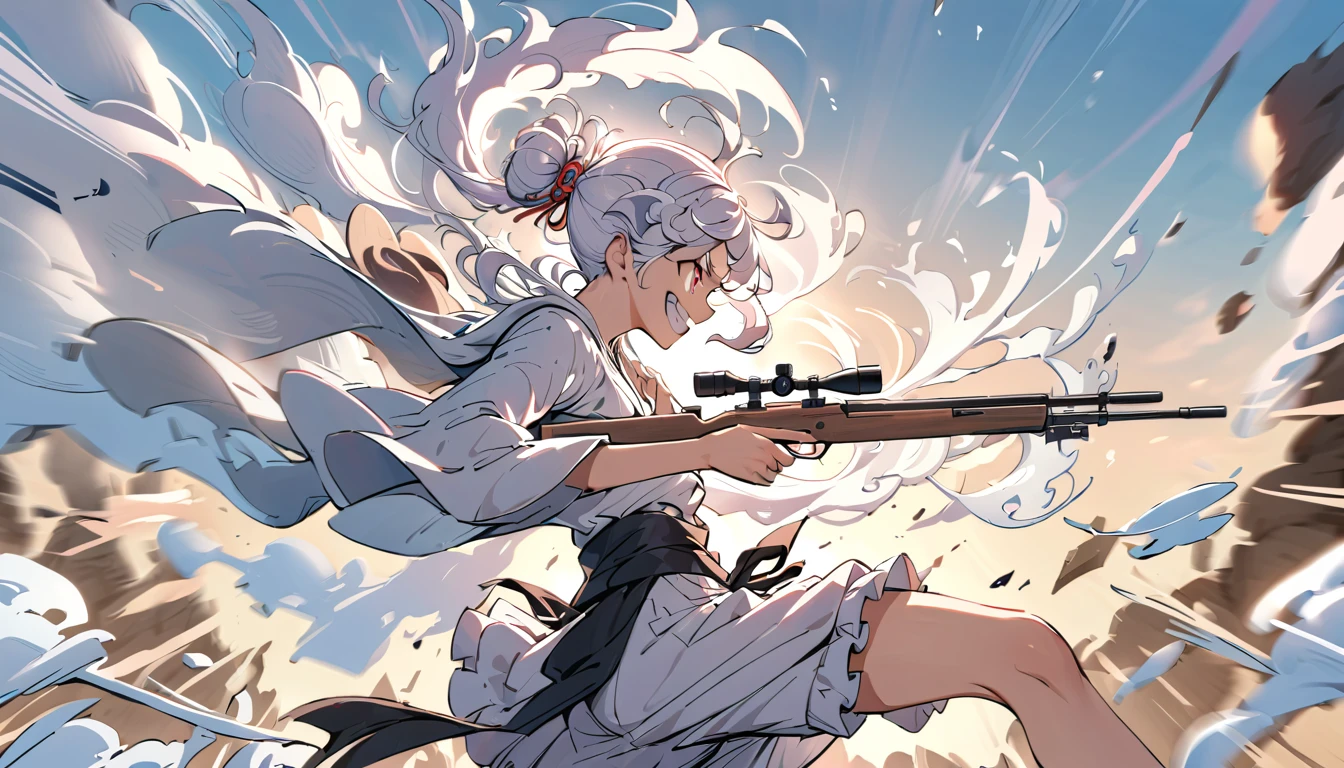 an expressive photo depicting (\lu fei wu dang\), Holding a sniper rifle made of clouds, making an aiming motion, looking at the sight, side view, grinning, motion blur，anatomical correct,xianxia