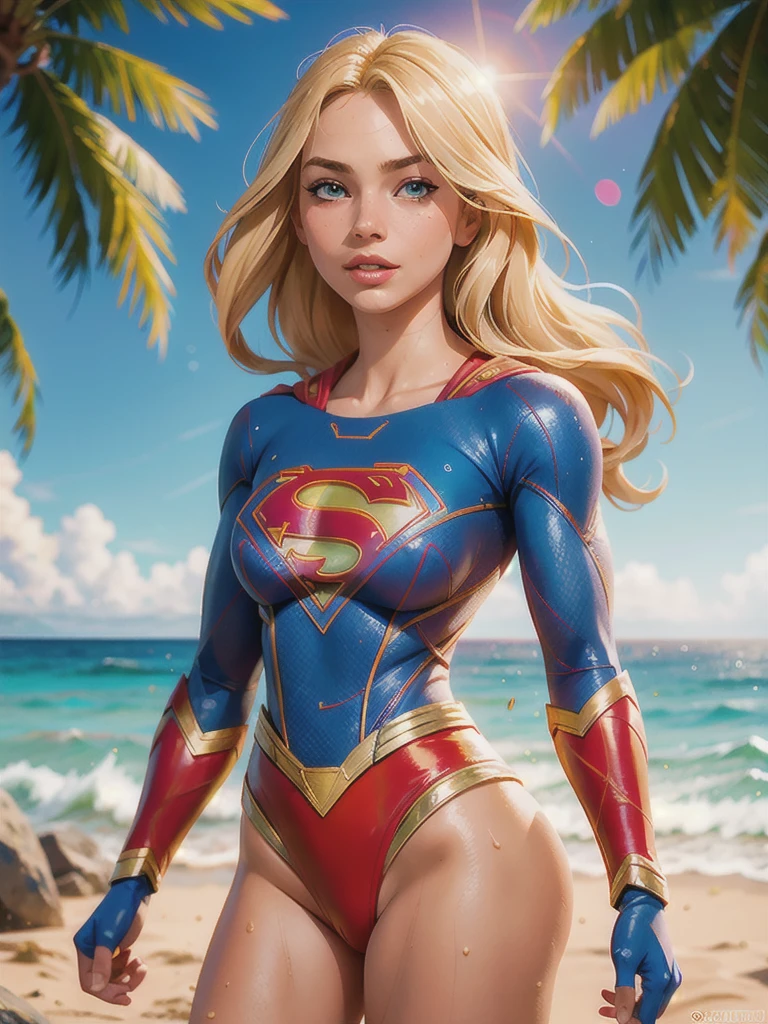 Medium shot, charming blonde, long blonde hair, ((supergirl)), sexy body, wearing a supergirl costume, ((wet)), posing on the beach, looking at the viewer, sunlight passing through the hair, depth of field, bokeh, high detail, best quality , volumetric lighting,