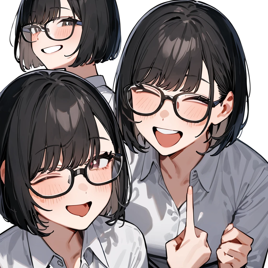 masterpiece, Highest quality, so beautiful, Absurd,
One girl, alone, Black Hair, Bobcut,
Thermont 16A, Glasses,
Collared shirt, Happy, smile, Sticking out tongue、Ecstatic expression、View your viewers, White Background, Simple Background,
