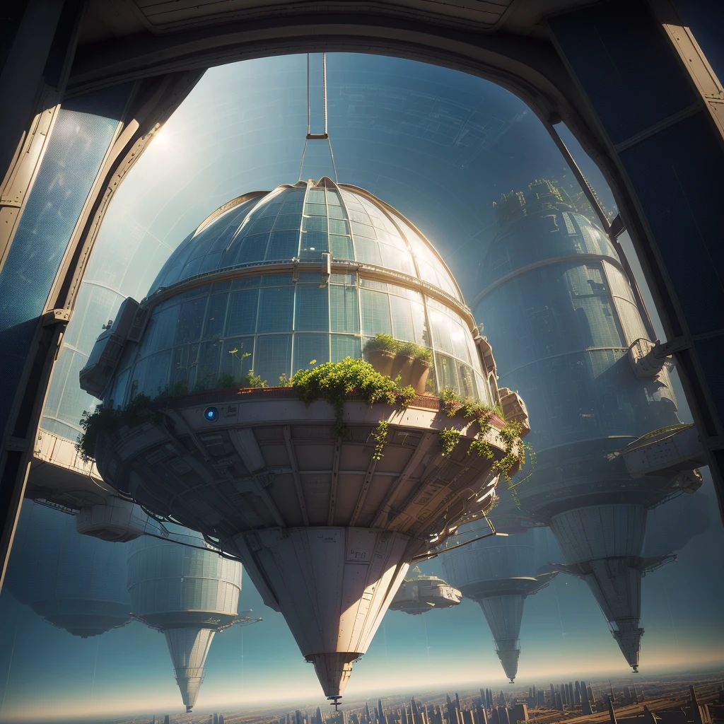 A farmer is planting vegetable seedlings in a greenhouse in a spaceship above the city, 3 d render,Surrealism, Depicted as a science fiction scene, daily art, The background is over the city, In spaceships, masterpiece, of High Altitude Travel