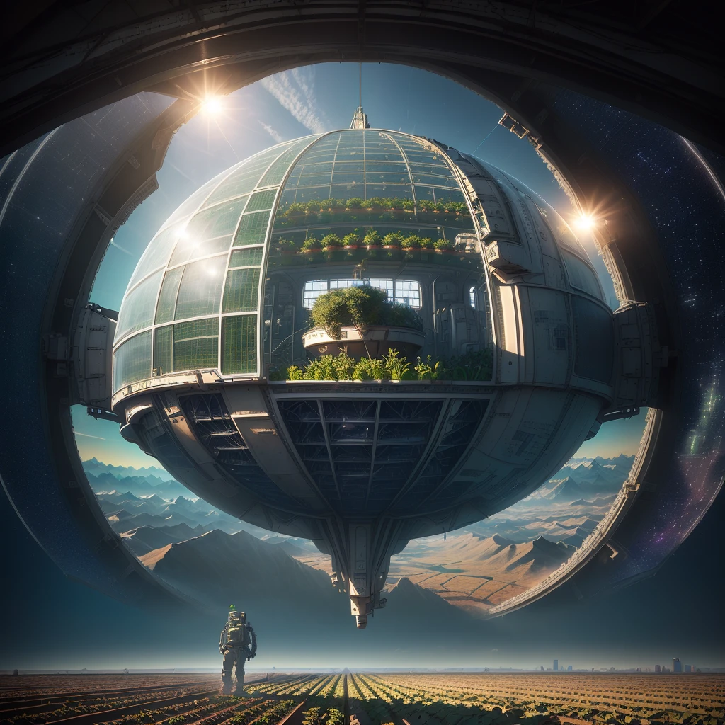 A farmer is planting vegetable seedlings in a greenhouse in a spaceship above the city, 3 d render,Surrealism, Depicted as a science fiction scene, daily art, The background is over the city, In spaceships, masterpiece, of High Altitude Travel