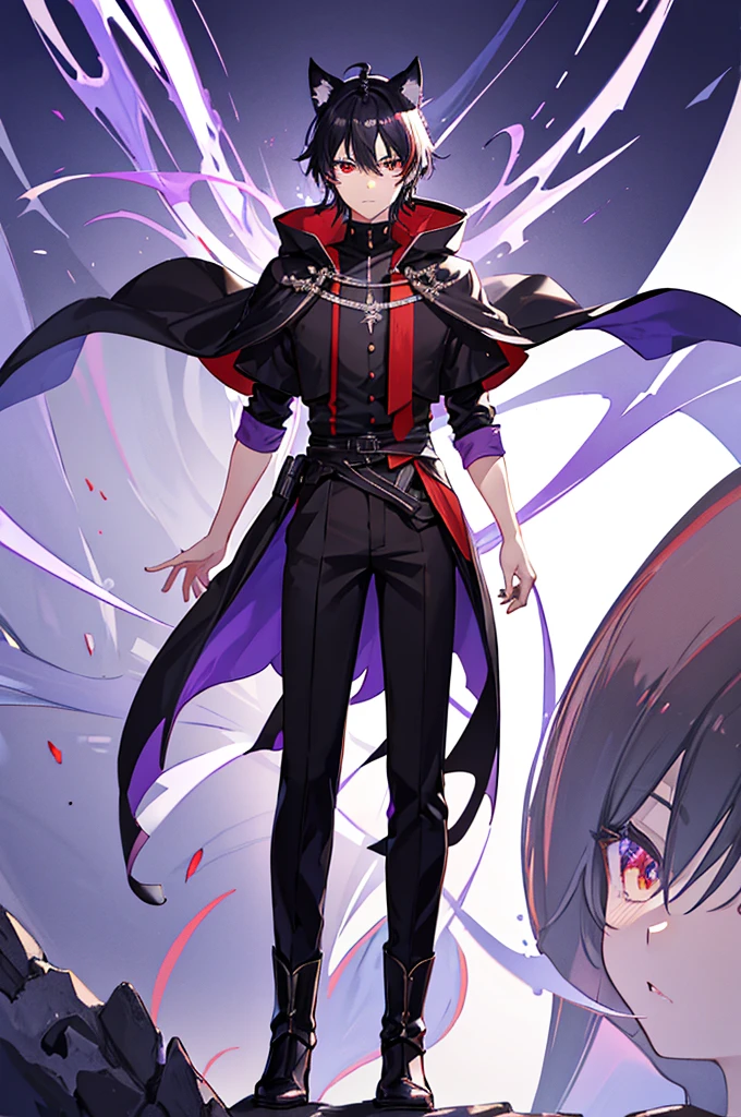 Black Hair少年，Around fifteen years old，Black Hair，Cat ear，Cat tail，Purple cloak，Heterochromia，Red left eye，Blue right eye，White shirt，Purple cloak，Standing，whole body，For the audience，White background，masterpiece，HD，4K，Detailed facial depiction，Black trousers，Black boots，Black Hair，White background（1:5）
