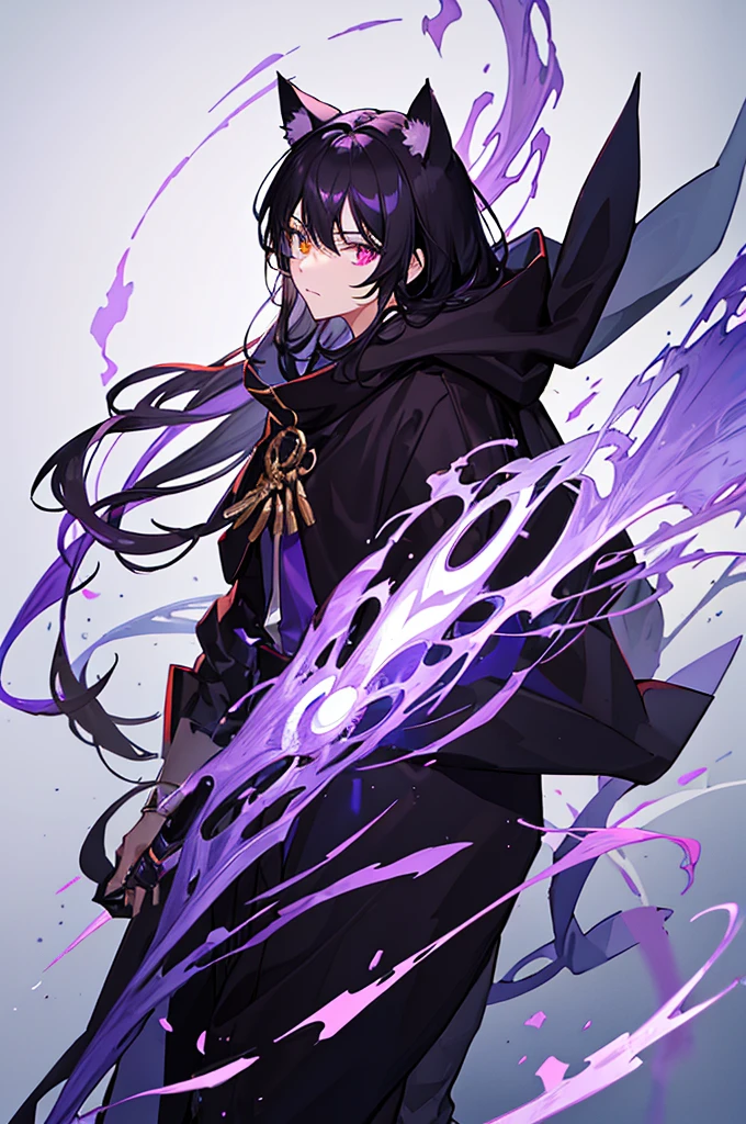 Black Hair少年，Around fifteen years old，Black Hair，Cat ear，Cat tail，Purple cloak，Heterochromia，Red left eye，Blue right eye，White shirt，Purple cloak，Standing，whole body，For the audience，White background，masterpiece，HD，4K，Detailed facial depiction，Black trousers，Black boots，Black Hair，White background（1:5）