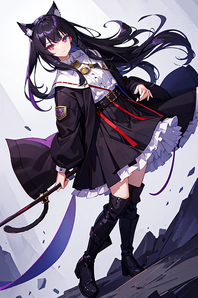 Black Hair少年，Around fifteen years old，Black Hair，Cat ear，Cat tail，Purple cloak，Heterochromia，Red left eye，Blue right eye，White shirt，Purple cloak，Standing，whole body，For the audience，White background，masterpiece，HD，4K，Detailed facial depiction，Black trousers，Black boots，Black Hair，White background（1:5）